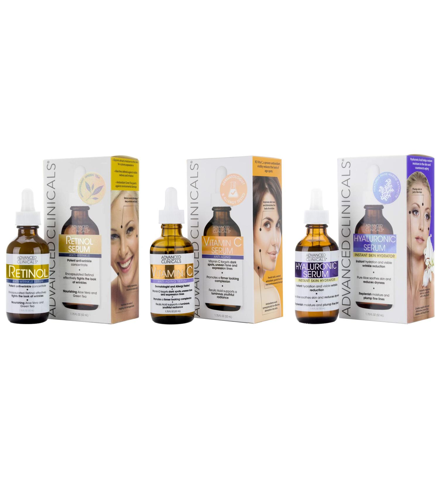 Advanced Clinicals Retinol, Hyaluronic Acid & Vitamin C Serum Set | Anti-Aging Skincare for Women | Brightening, Firming & Hydrating Formula | 1.75 Fl Oz 3pc Set - Buy Online on SooperMarket.com