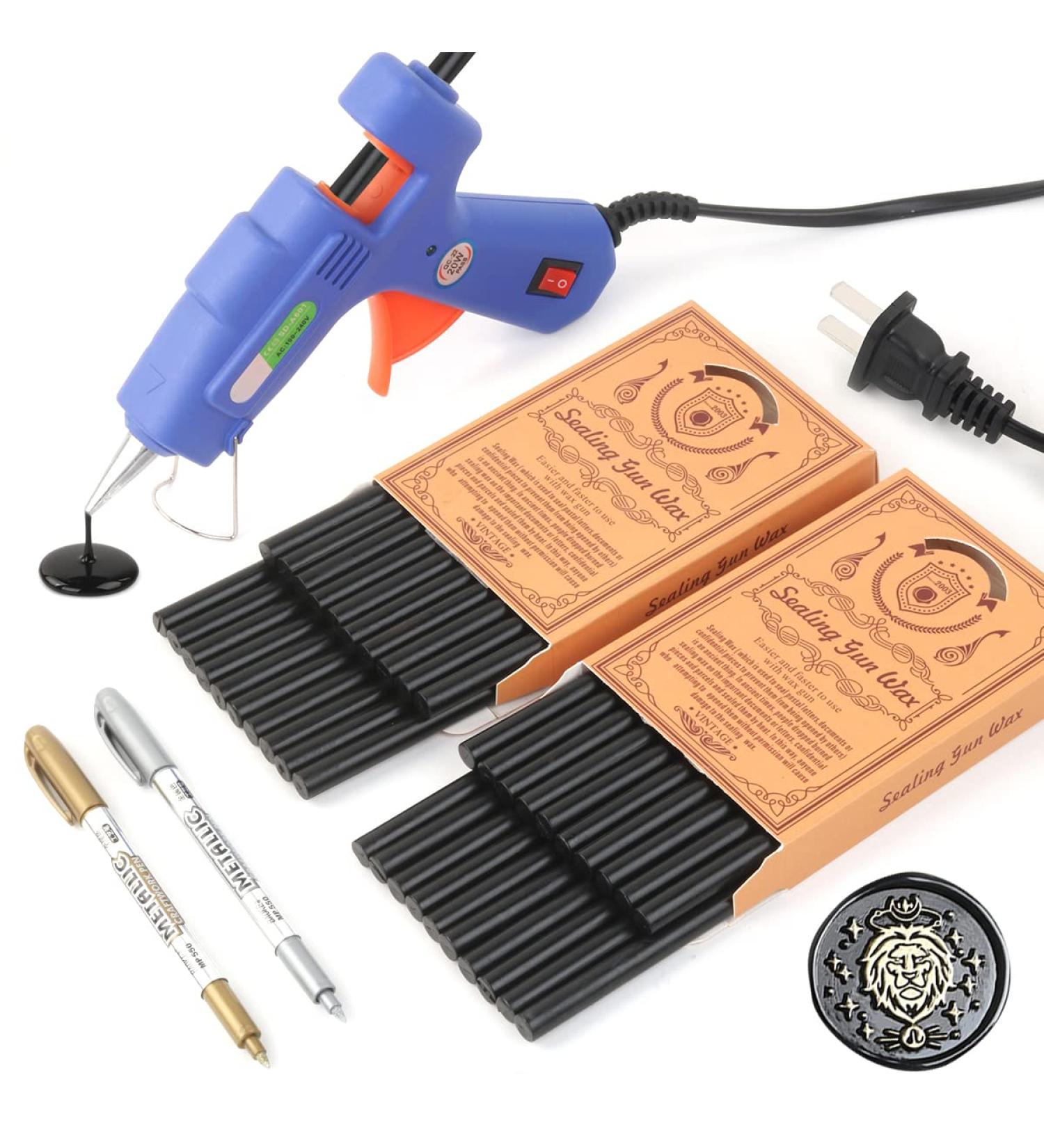 Wax Seal Kit with 40 Black Sealing Wax Sticks, Glue Gun, and Seal Pens - Ideal for Wedding Invitations, Birthday Cards, Envelopes, and Gift Wrapping - Buy Online on SooperMarket.com