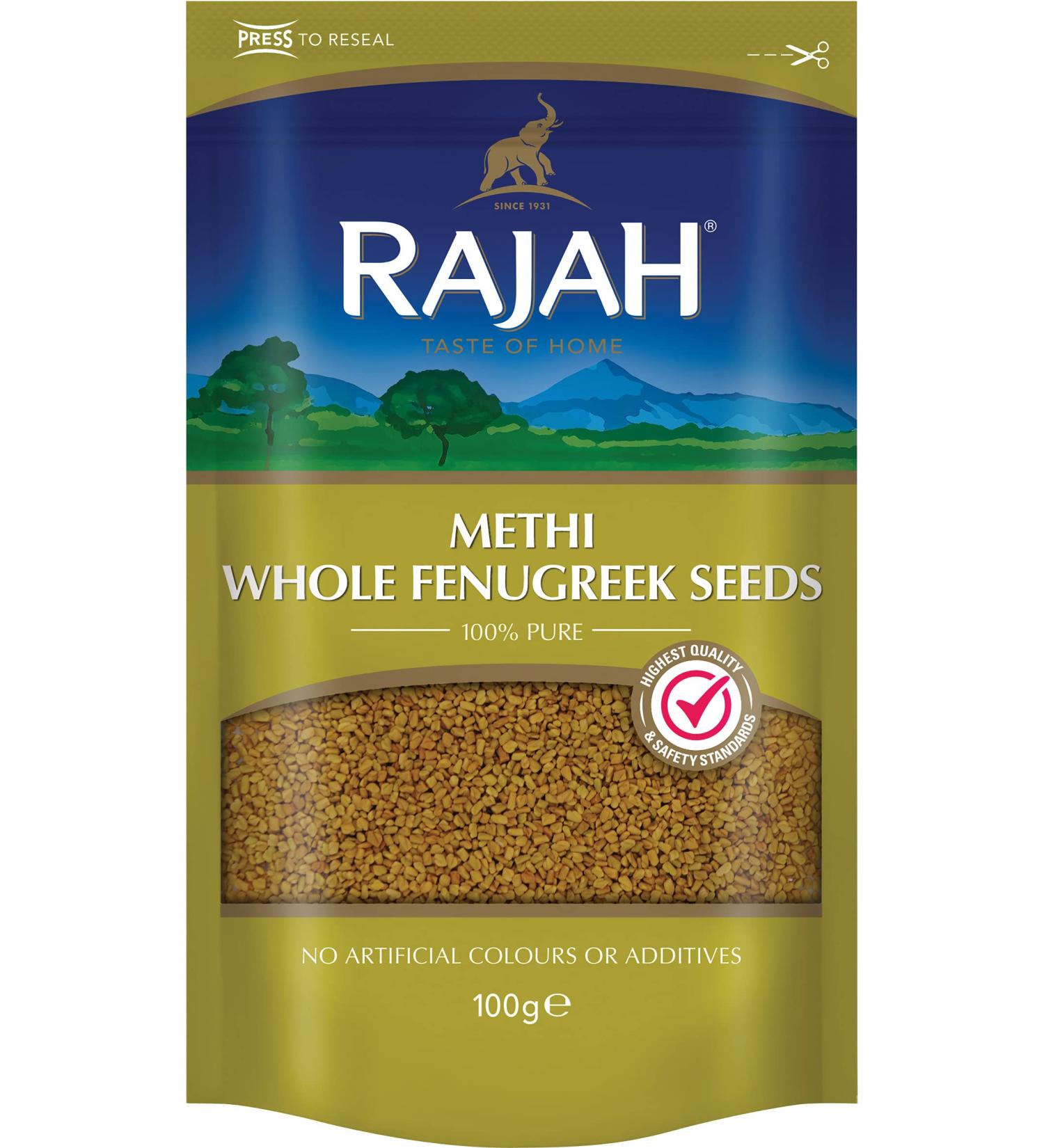 Rajah Whole Fenugreek Seeds Methi 100g - Premium Indian Cooking Spice | Vegan-Friendly | 1 Unit - Buy Online on SooperMarket.com