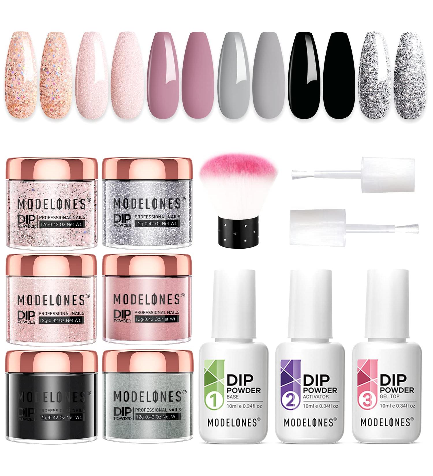 Modelones 6 Color Dip Powder Nail Kit Starter Set | Nude Pink Glitter | Base/Top Coat Activator | French Manicure DIY Salon Golden - Buy Online on SooperMarket.com
