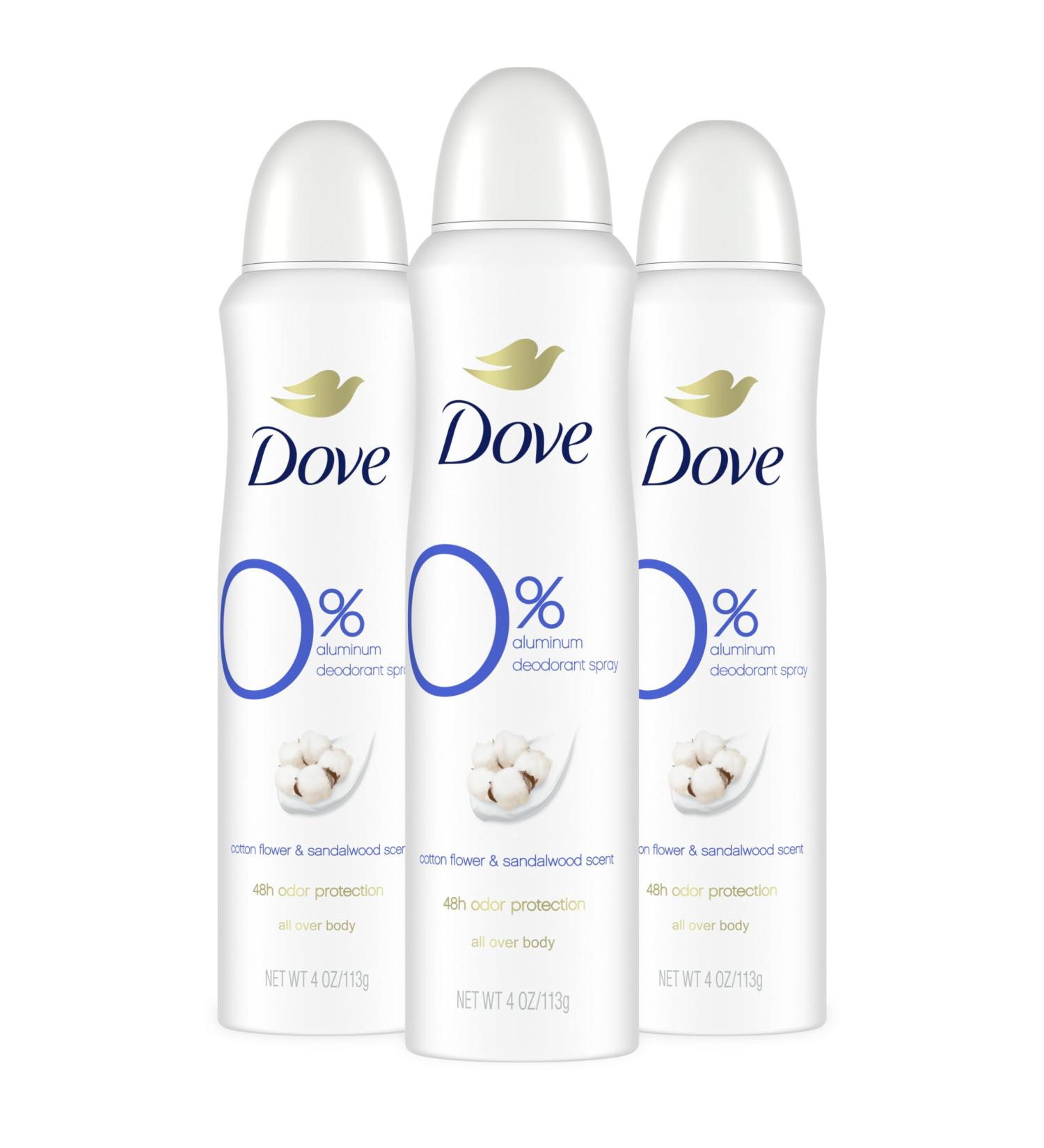 Dove 0% Aluminum Deodorant Dry Spray Cotton Flower & Sandalwood 3 Count for 48-Hour Protection Aluminum Free 4 oz Cotton Flower and Sandalwood 4 Ounce (Pack of 3) - Buy Online on SooperMarket.com