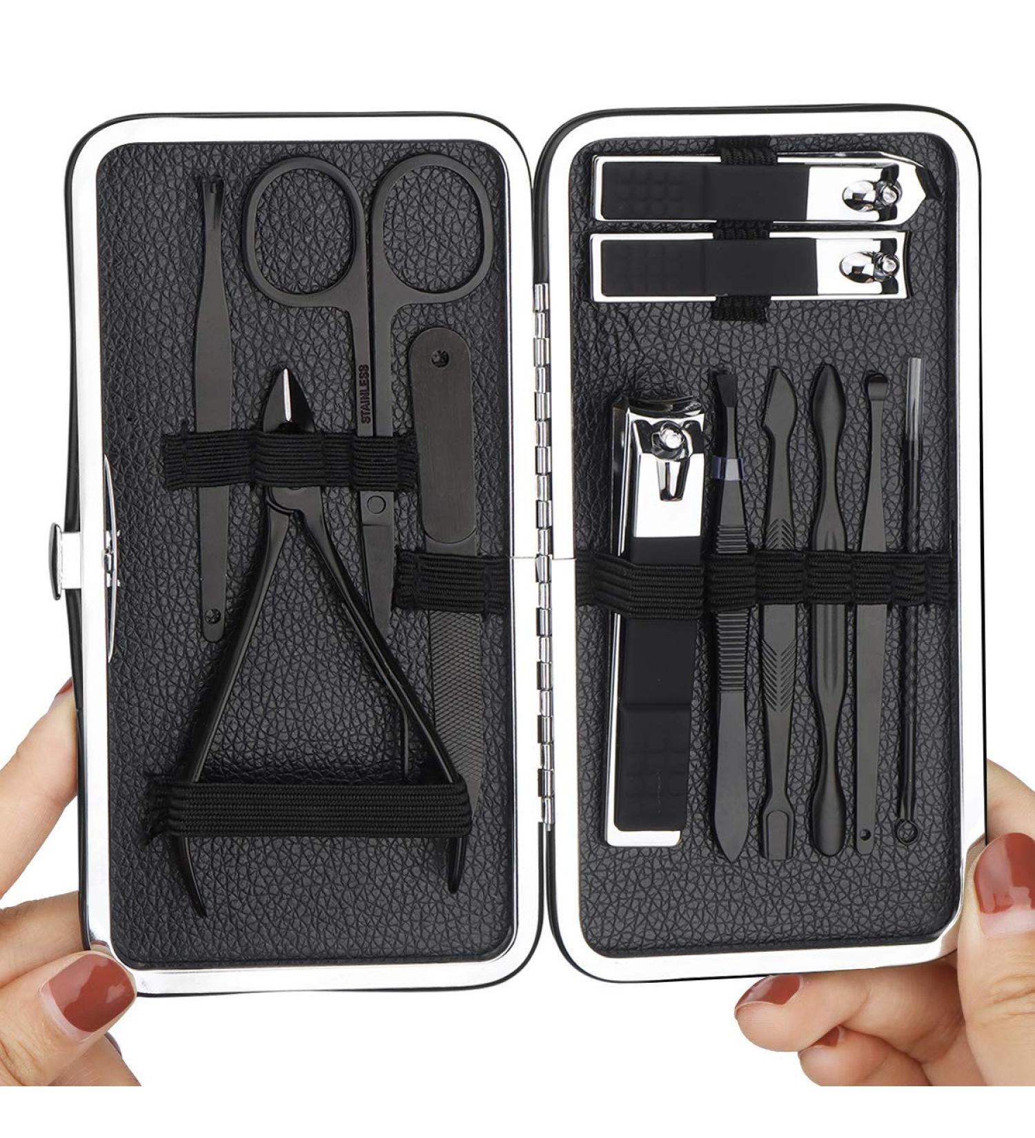 Maincure Set MOMSIV Professional 12Pcs Stainless Steel Nail Clippers Set Pedicure Kit Grooming Tools with PU Leather Case for Girls and Women Gift Black - Buy Online on SooperMarket.com