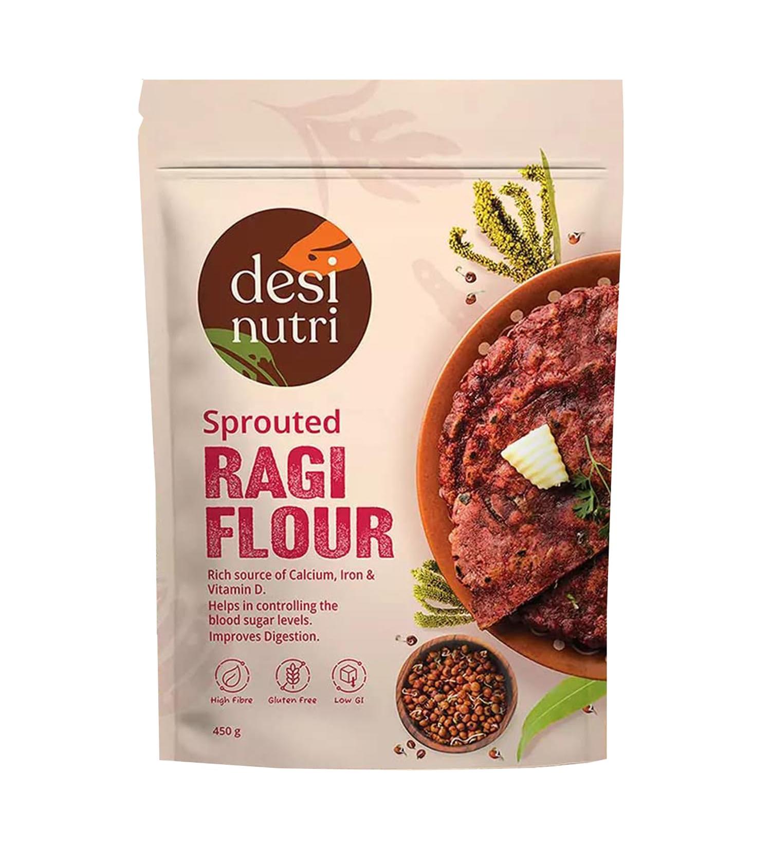 Desi Nutri Sprouted Ragi Flour | Ragi Powder | Ragi Malt | Ready to Cook Ragi Powder | Nachni Flour- 450 gms | High in Protein & Calcium - Buy Online on SooperMarket.com