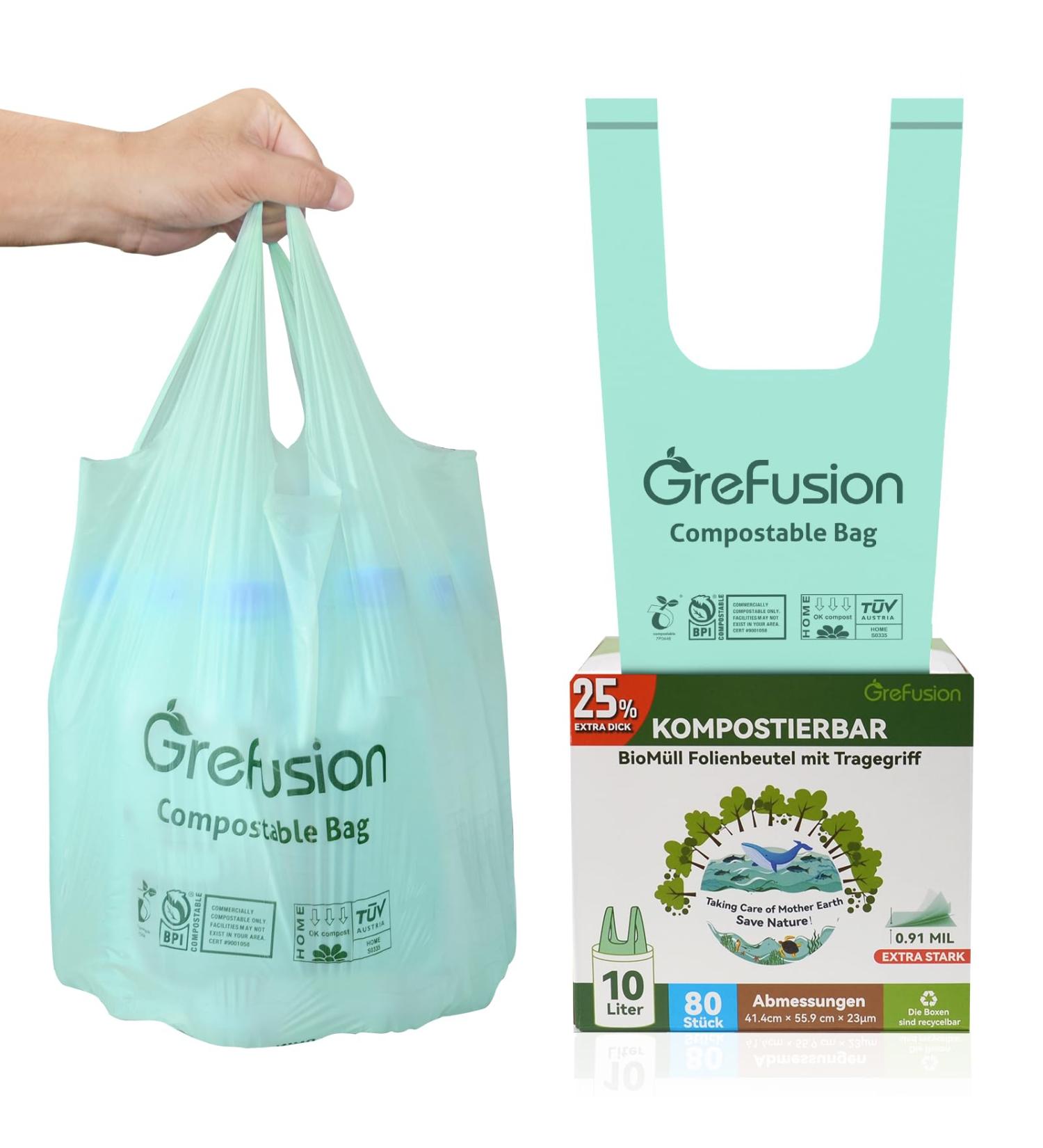 GreFusion Extra Strong 10L Organic Waste Bags with Handle | 80 Compostable Garbage Bags for Eco-Friendly Disposal - Buy Online on SooperMarket.com