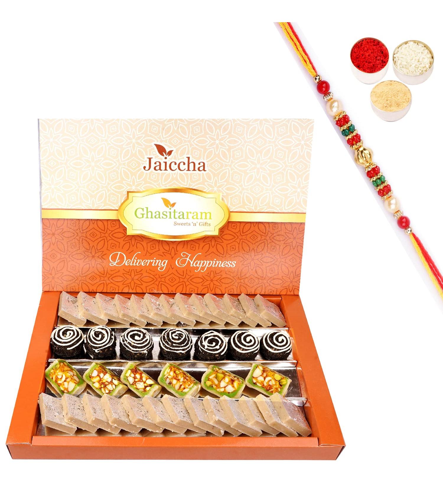 Jaiccha Ghasitaram Rakhi Gifts for Brothers Dryfruit Fancy Sweets with Kaju Katli 800 GMS with Beads Rakhi - Buy Online on SooperMarket.com
