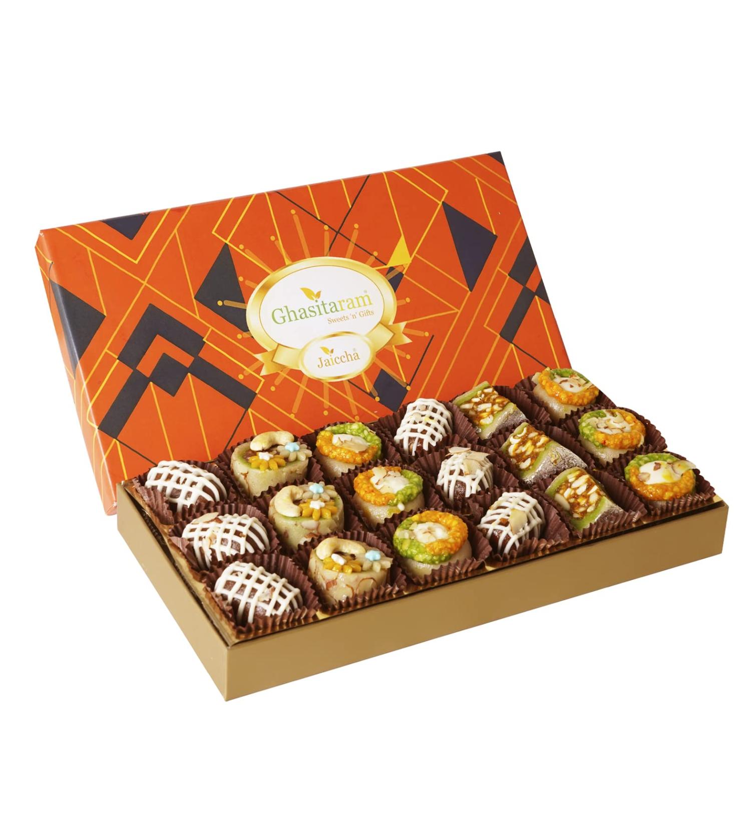 Ghasitaram Gifts Jaiccha Exotic Dryfruit Sweets in Designer Box 18pcs |Diwali Gifts Holi Rakhi Valentine Christmas Birthday Anniversary Gift for Her Him Mothers Day Fathers Day| - Buy Online on SooperMarket.com