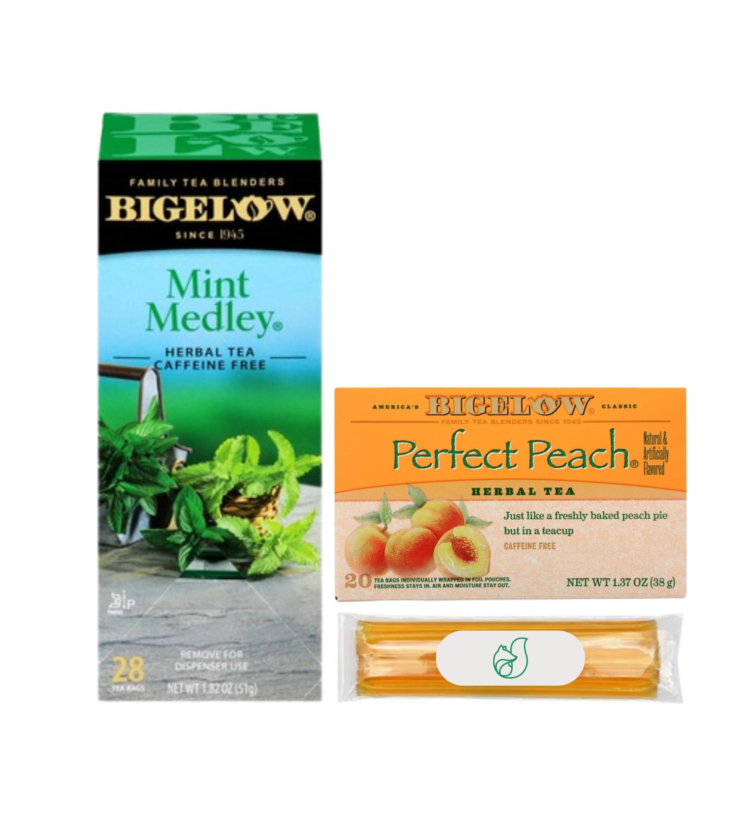 Bigelow Medicine Ball Cold Buster Tea Bundle by Foxtail Collective: 28 sachets Mint Medley and 20 sachets of Perfect Peach | Ten 100% Grade A Honey Straws | 6 Recipes Custom Tote - Buy Online on SooperMarket.com