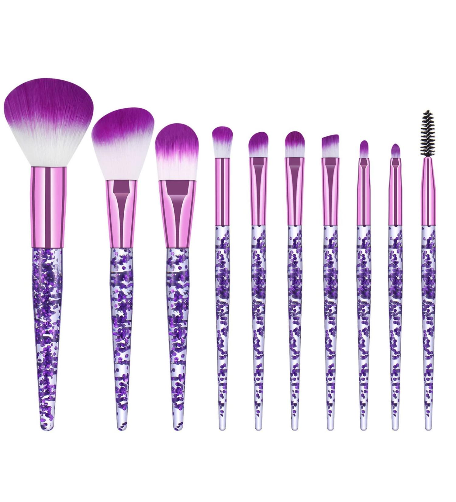10-Piece Glitter Makeup Brush Set - Professional Acrylic Cosmetic Brushes for Eyes & Face - Violet - Buy Online on SooperMarket.com