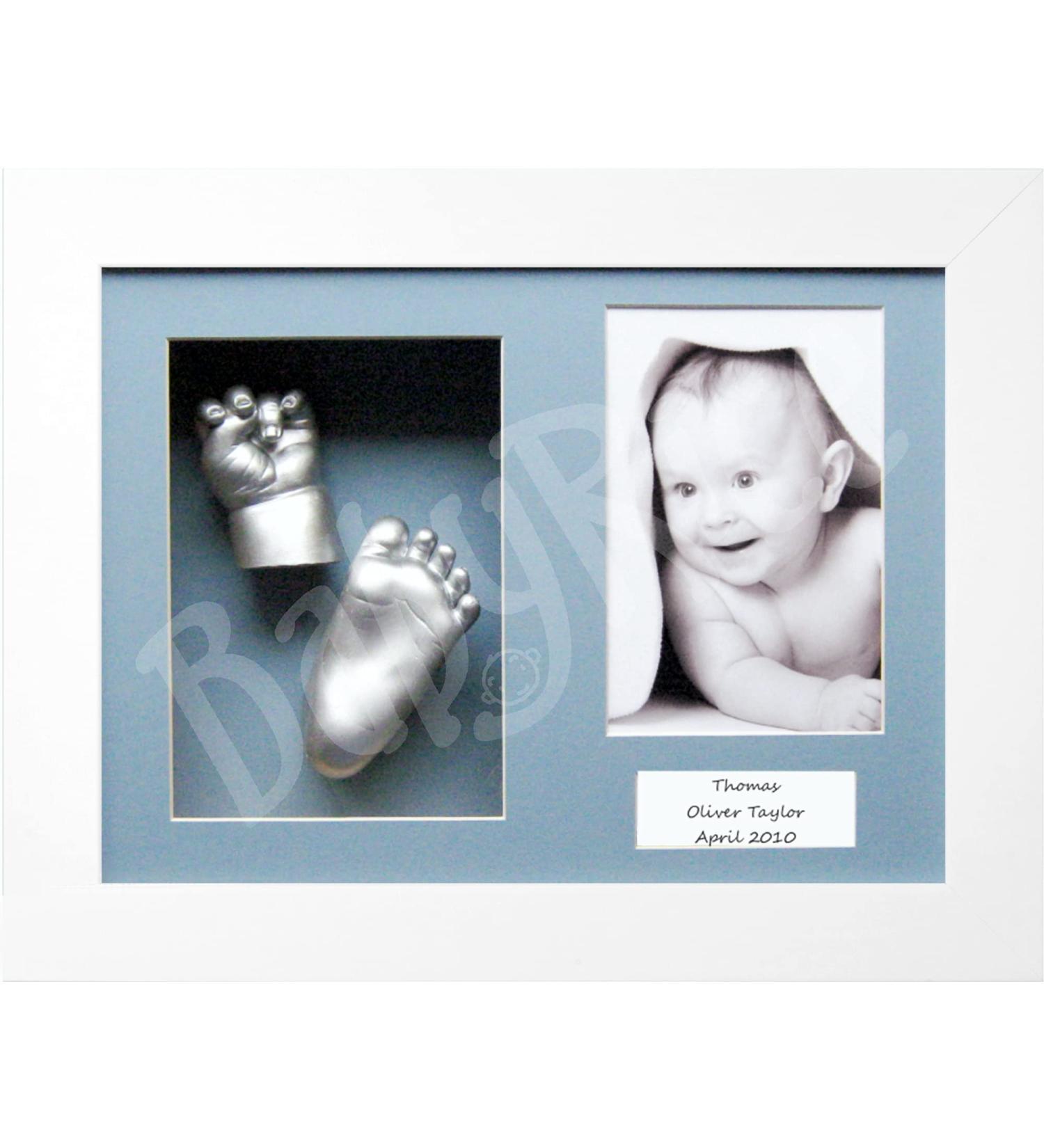 BabyRice Baby Casting Kit - White Shadow Box Frame, Silver Paint - Hand/Foot Casts (Blue/Blue) - Buy Online on SooperMarket.com