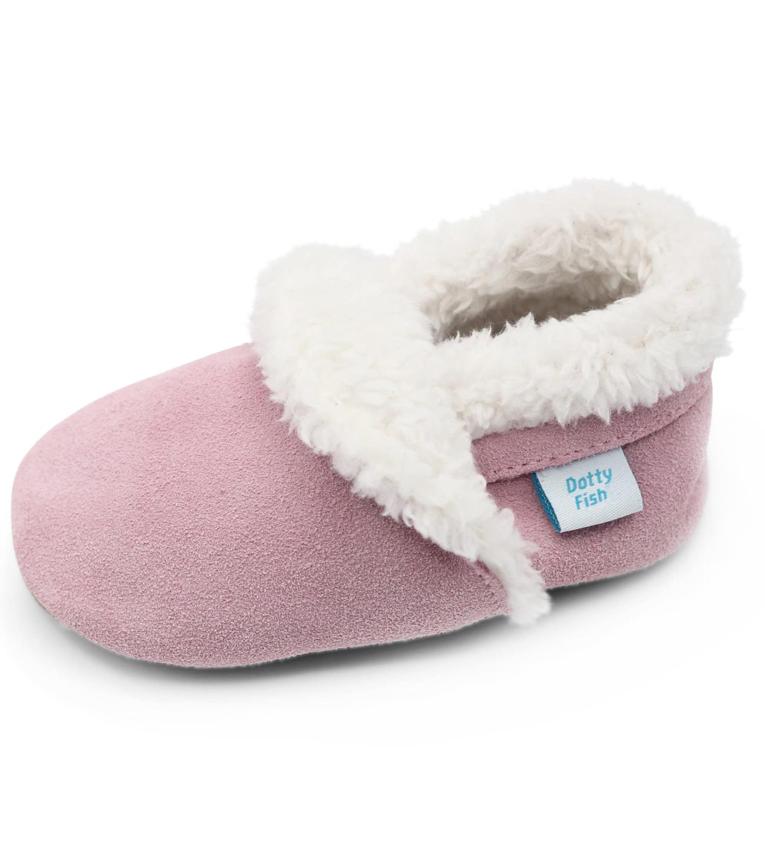 Dotty Fish Suede Baby Slippers | Warm Fleece Lined Toddler Shoes | Non-Slip Soft Sole for Boys and Girls | 0-6 Months to 5-6 Years | 12-18 Months Soft Pink - Buy Online on SooperMarket.com
