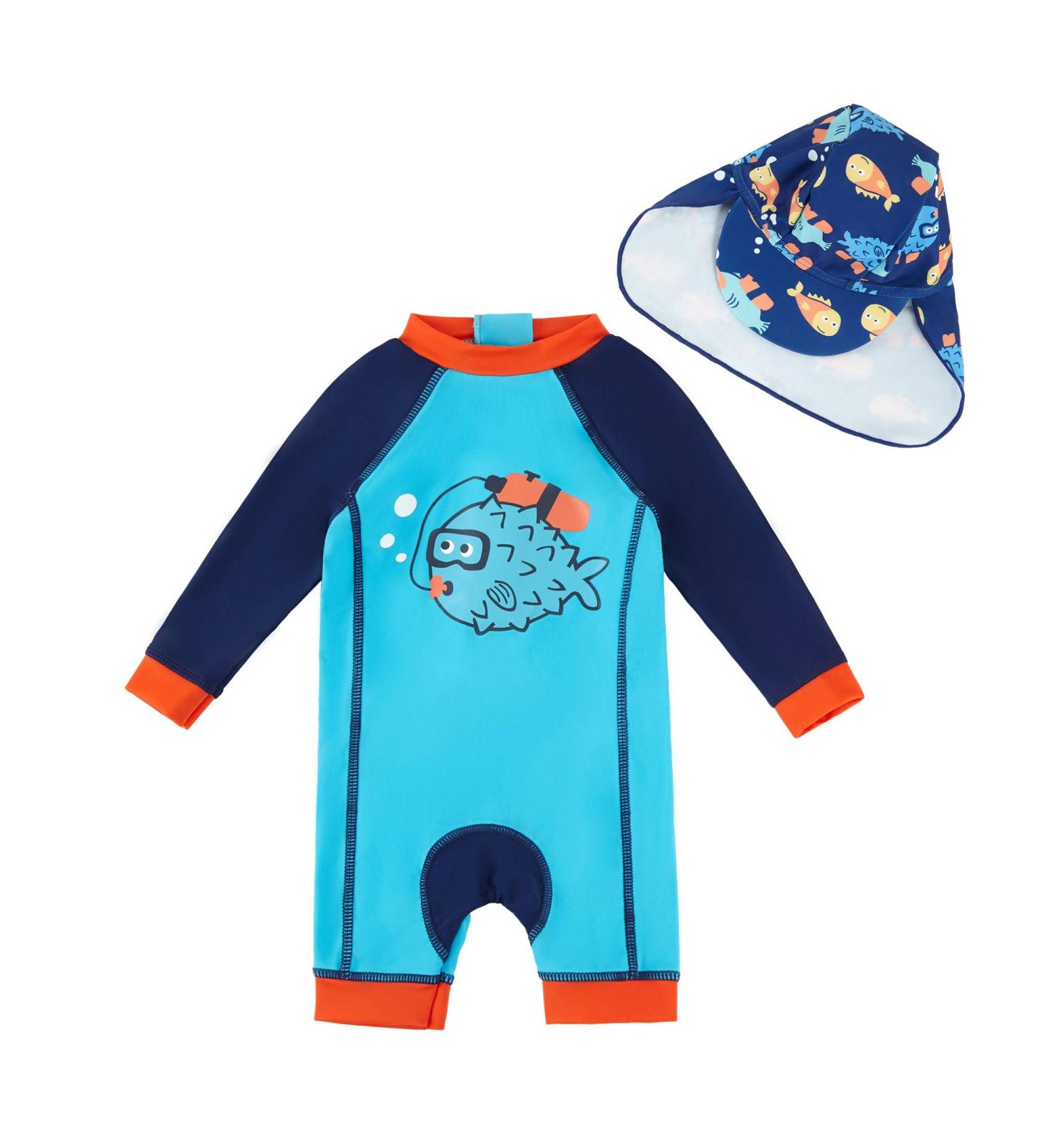 UPF 50+ Baby Boy Swimwear Set with Sun Hat | Blue Fish Design | 2-3 Years - Buy Online on SooperMarket.com