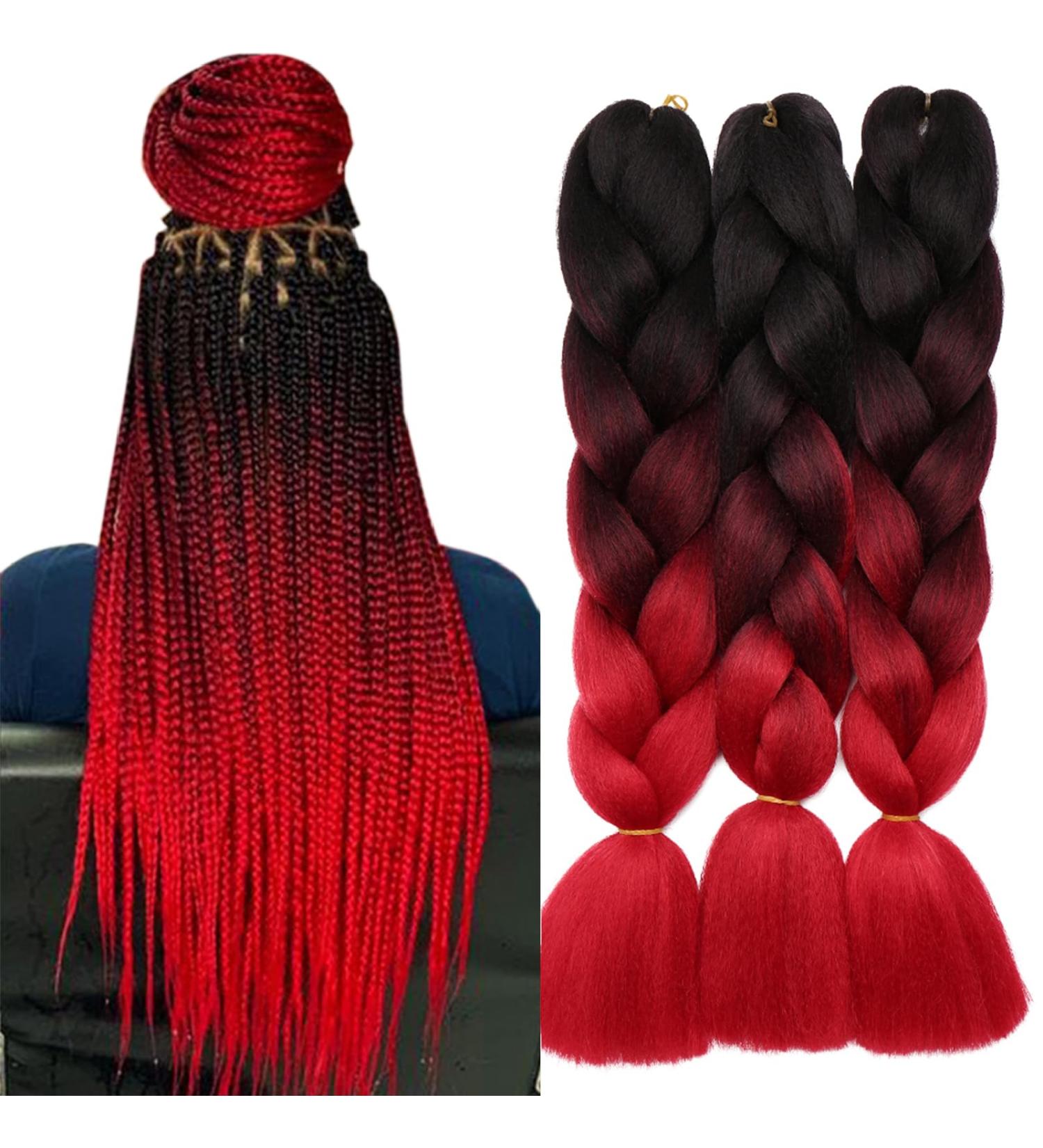 Tess Braids Extensions Ombre 60cm - Jumbo Kanecalon Hair for Box Braids | 100g (Black Red Ombre) - Buy Online on SooperMarket.com