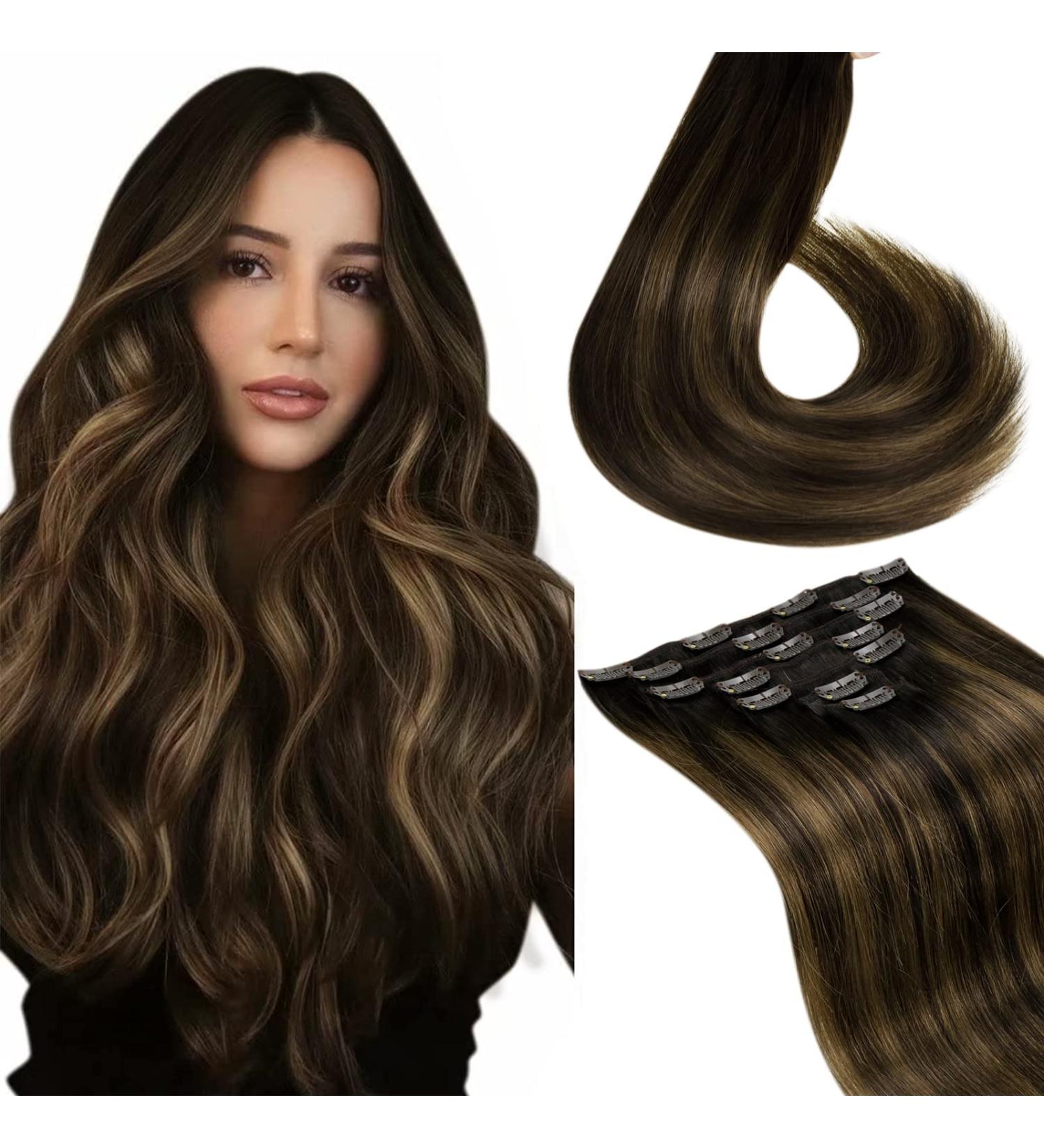 LAAVOO Brown Clip-In Extensions - 30cm Remy Real Hair Ombre Brown with Light Brown Clips | 70g/5pcs Double Tress - Buy Online on SooperMarket.com