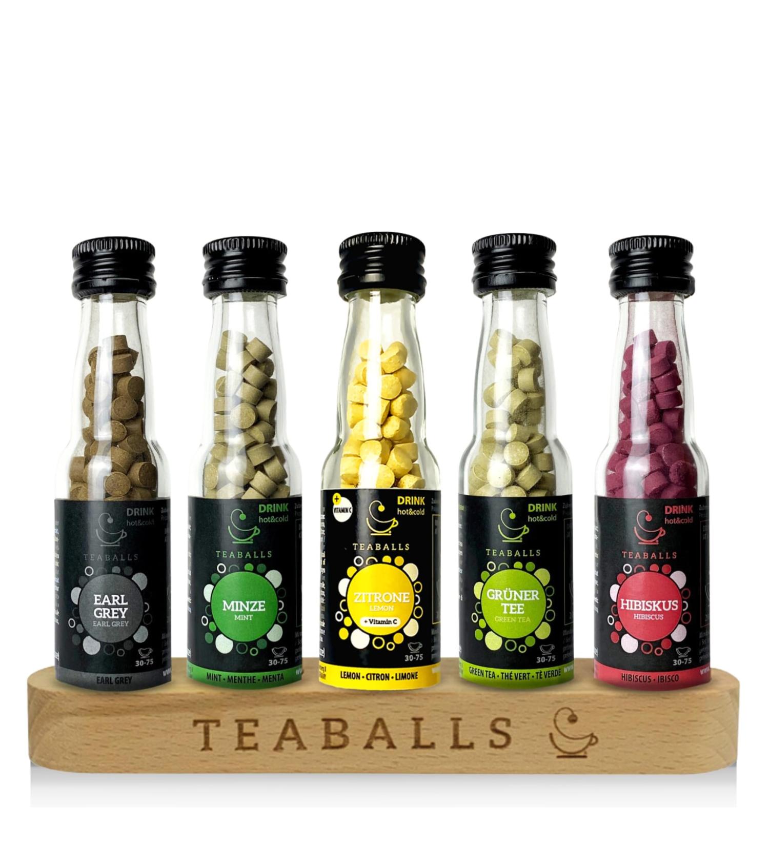 Teaballs Tee Set - Classic Collection of 5 Flavors (Earl Grey Mint Lemon Green Tea Hibiscus) + Free Wooden Gift Set | 150-375 Cups of Natural Instant Tea - Buy Online on SooperMarket.com
