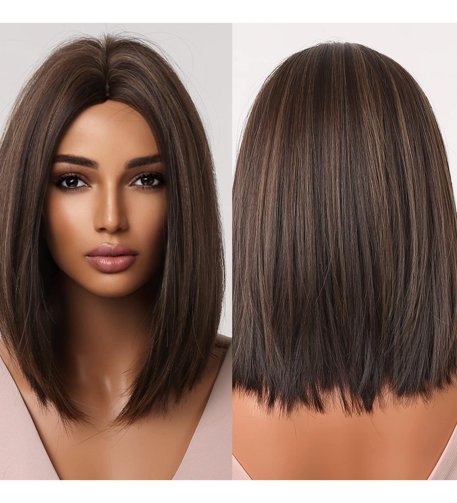 Allbell Brown Bob Wig with Blonde Highlights - Short Straight Synthetic Hair Middle Part for Women - Buy Online on SooperMarket.com