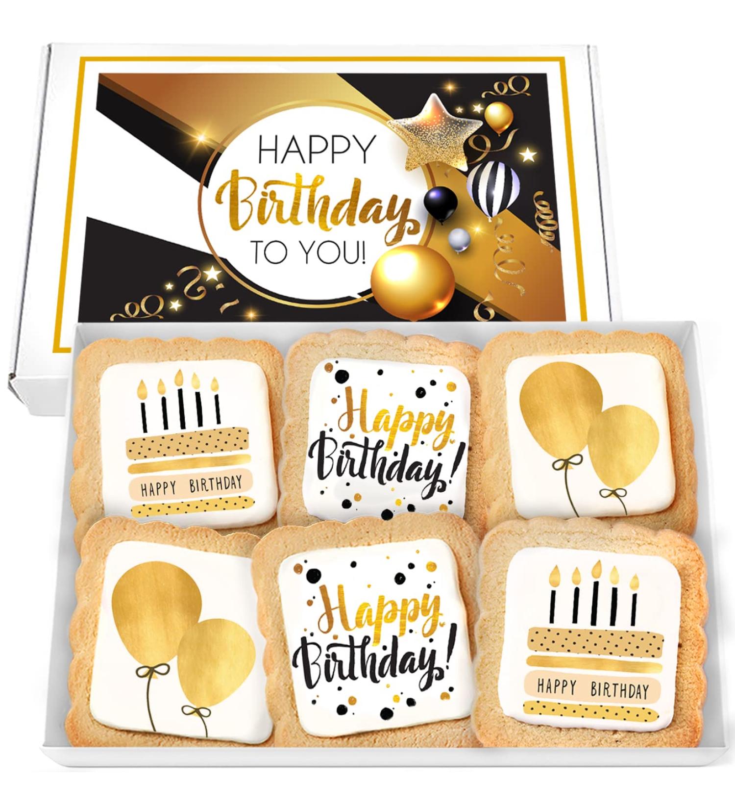 Happy Birthday Cookies 6 PACK Gift Basket Gold | Gourmet Decorated Sugar Cookies | Nut-Free & Individually Wrapped | Perfect Gift for Men, Women & Kids - Buy Online on SooperMarket.com