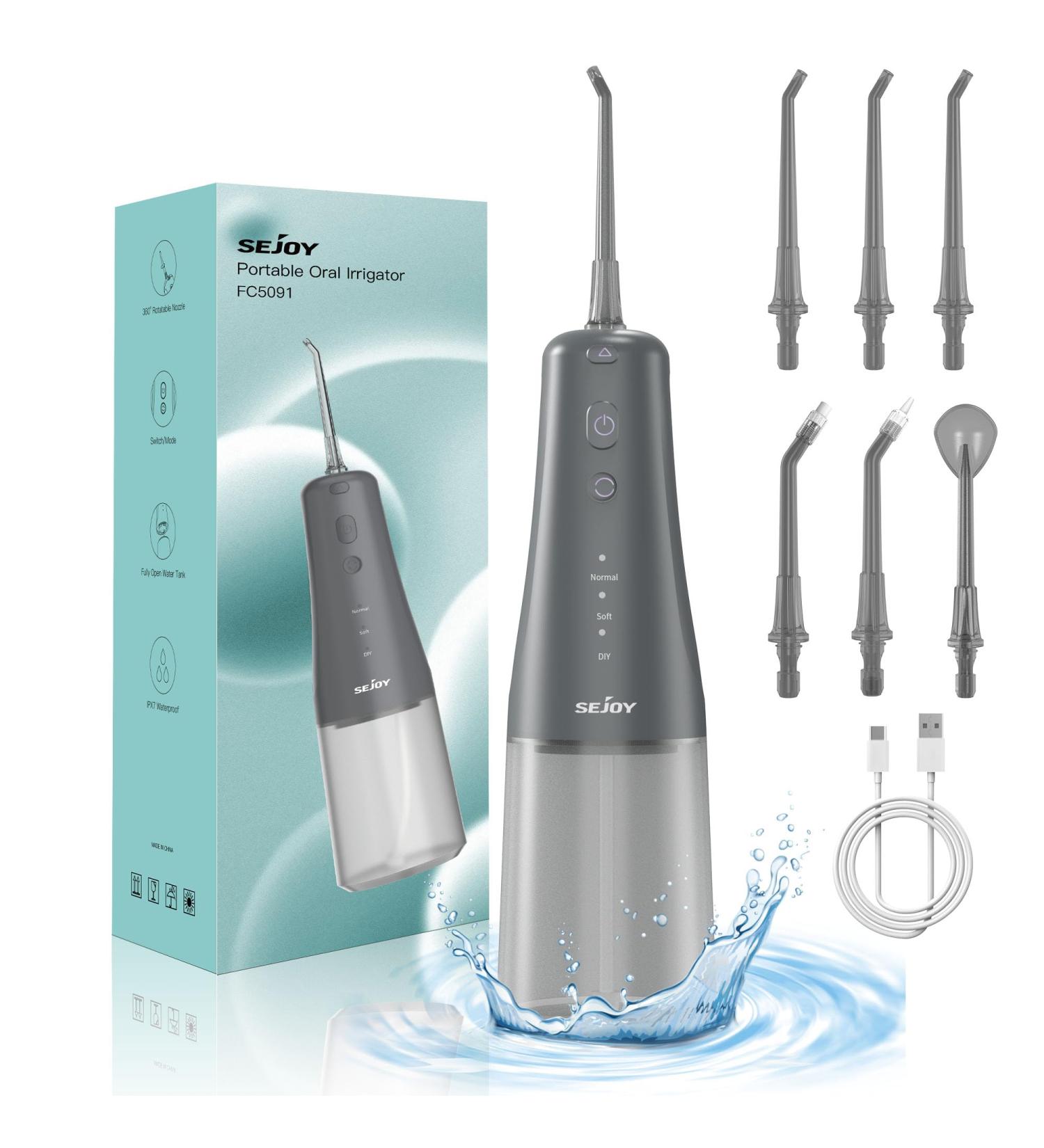 Cordless Portable Water Flosser with 4 Modes and 6 Tips - Professional Electric Teeth Cleaning Kit for Oral Care - 300mL Water Tank - Gray - Buy Online on SooperMarket.com