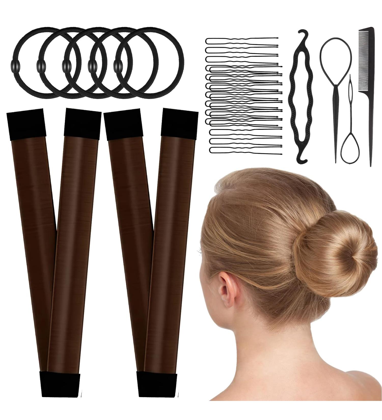 Magic Hair Bun Maker Donut 2 PCS - French Twist Styling Tool with Bobby Pins & Elastic Bands - Brown - Buy Online on SooperMarket.com