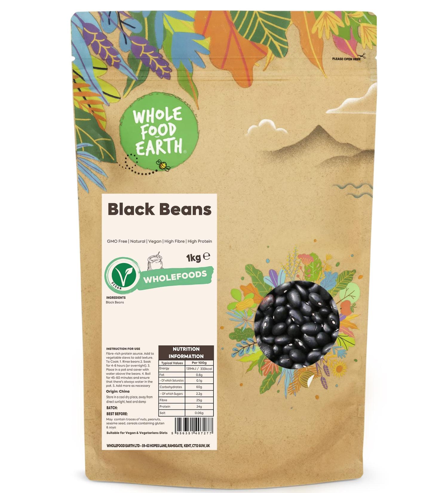 Wholefood Earth Black Beans 1 kg | GMO Free | Natural | High Fibre | High Protein 1kg - Buy Online on SooperMarket.com