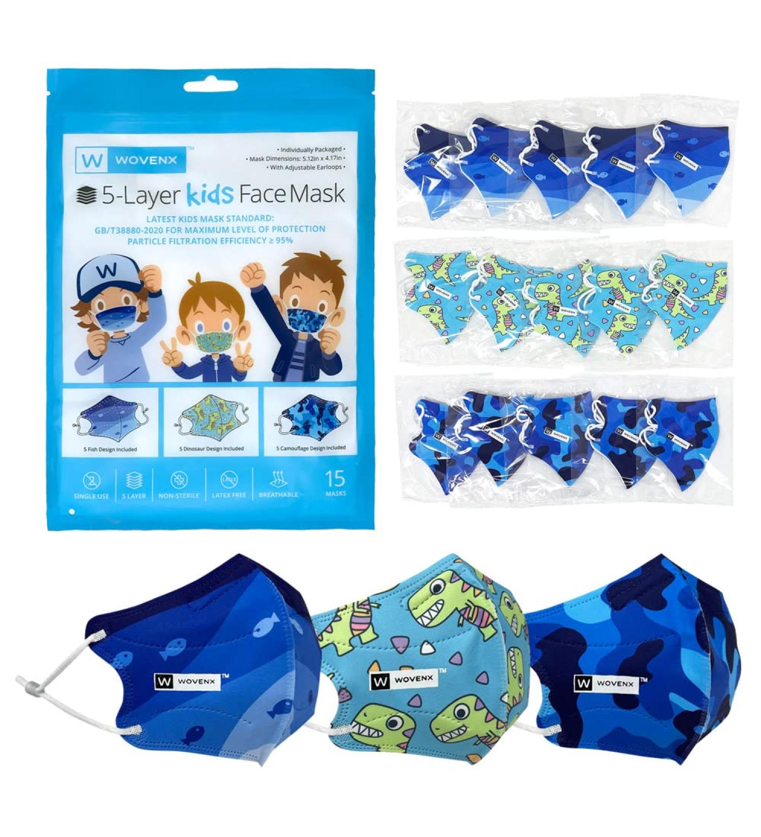 Wovenx FDA Registered 5 Ply Disposable Kids Face Mask 15 Pack - Adjustable Earloops - Individually Sealed Boys Masks - Buy Online on SooperMarket.com
