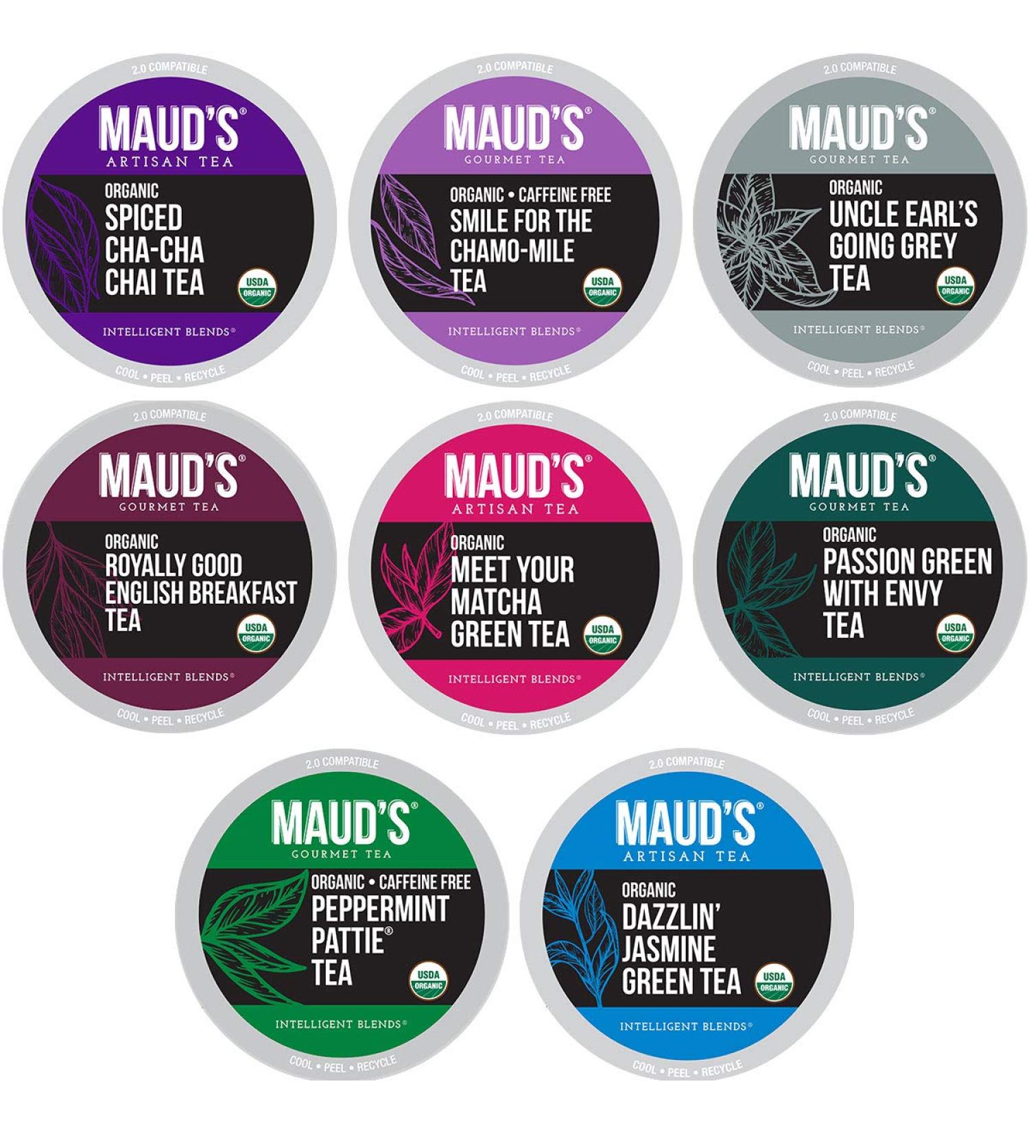 Maud's 8 Blend Organic Tea Variety Pack 48ct | Solar Energy produced Green, Black, Peppermint, Chai, Matcha, Jasmine, Chamomile Lavender, English Breakfast & Earl Grey | Eco-Friendly Tea Sampler - Buy Online on SooperMarket.com