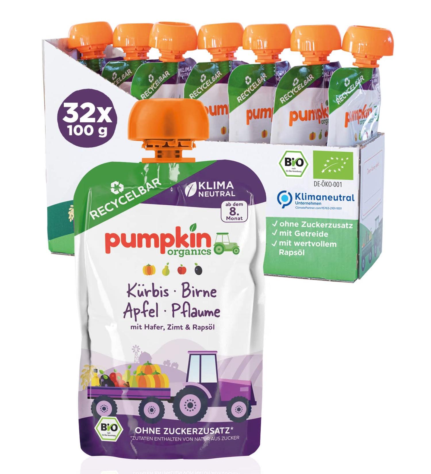 Organic Baby Food Puree - Pumpkin Pear Apple Plum Oats & Cinnamon | 32 Recyclable Squeeze Pouches (100g Each) | 8+ Months - Buy Online on SooperMarket.com