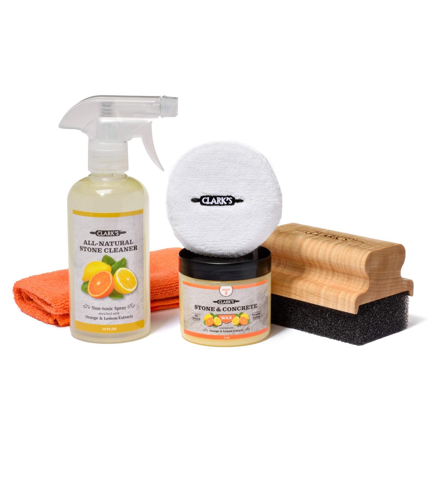 CLARK'S Natural Stone Daily Cleaner and Wax Care Kit - Includes Soapstone Slate & Concrete Wax (6oz) Spray (12oz) Applicator Microfiber Towel & Buffing Pad Enriched with Lemon & Orange Extract
