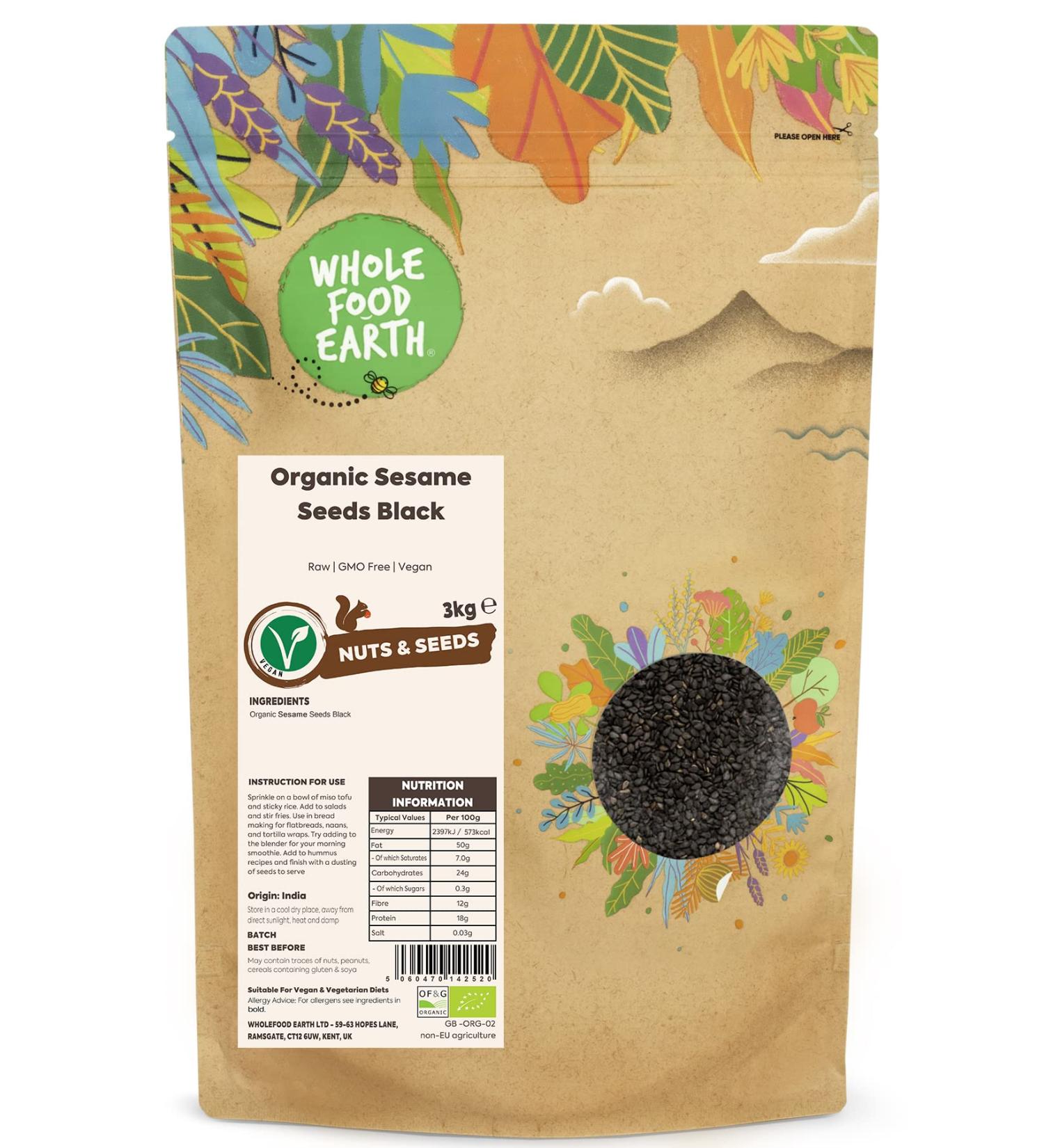 Wholefood Earth Organic Black Sesame Seeds 3kg | Raw, Non-GMO, Vegan | Certified Organic - Buy Online on SooperMarket.com