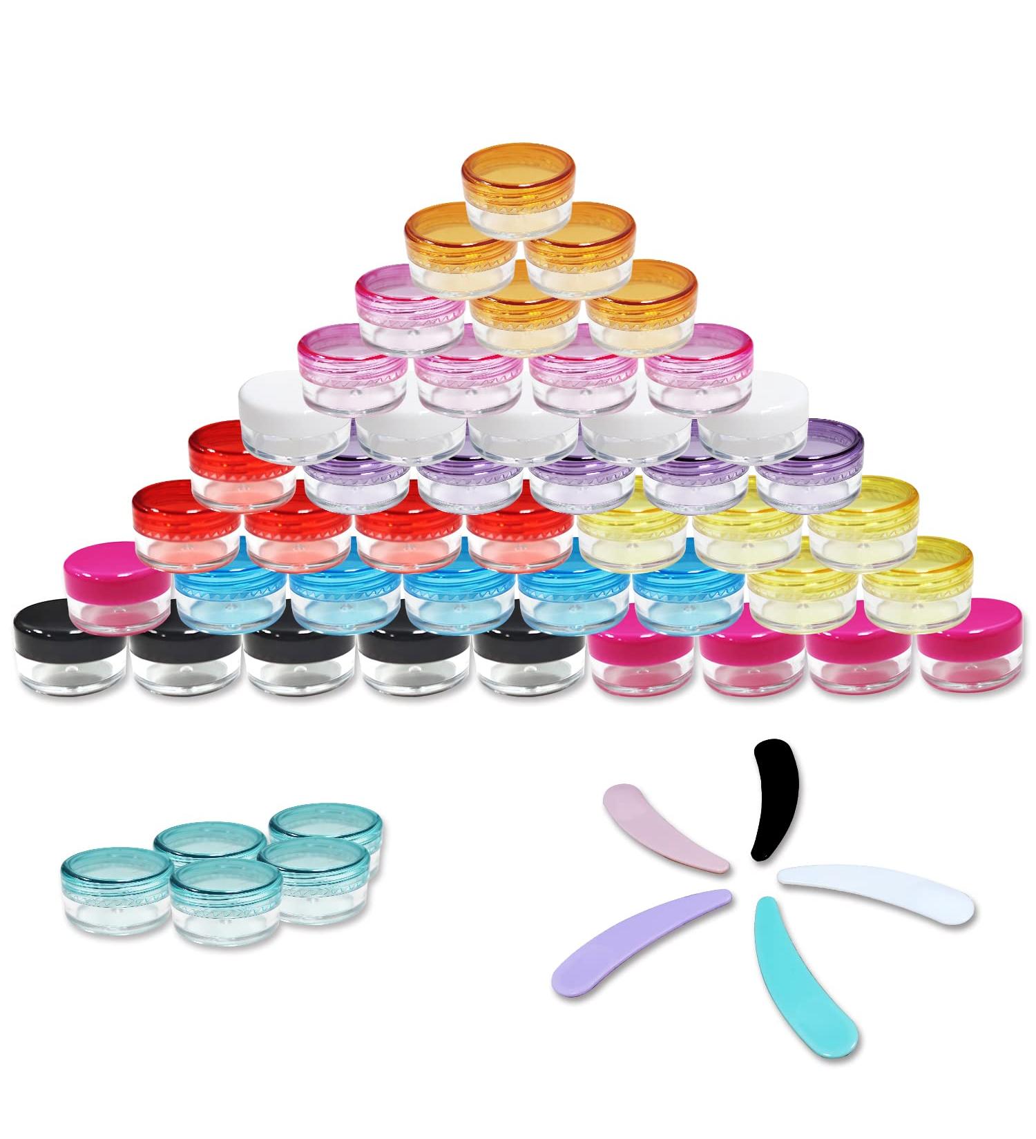 50 Mini Glass Jars with Colored Lids - 5ml Empty Containers for Lip Gloss Ointments Nail Art & Cosmetics - 10 Color Options - Buy Online on SooperMarket.com