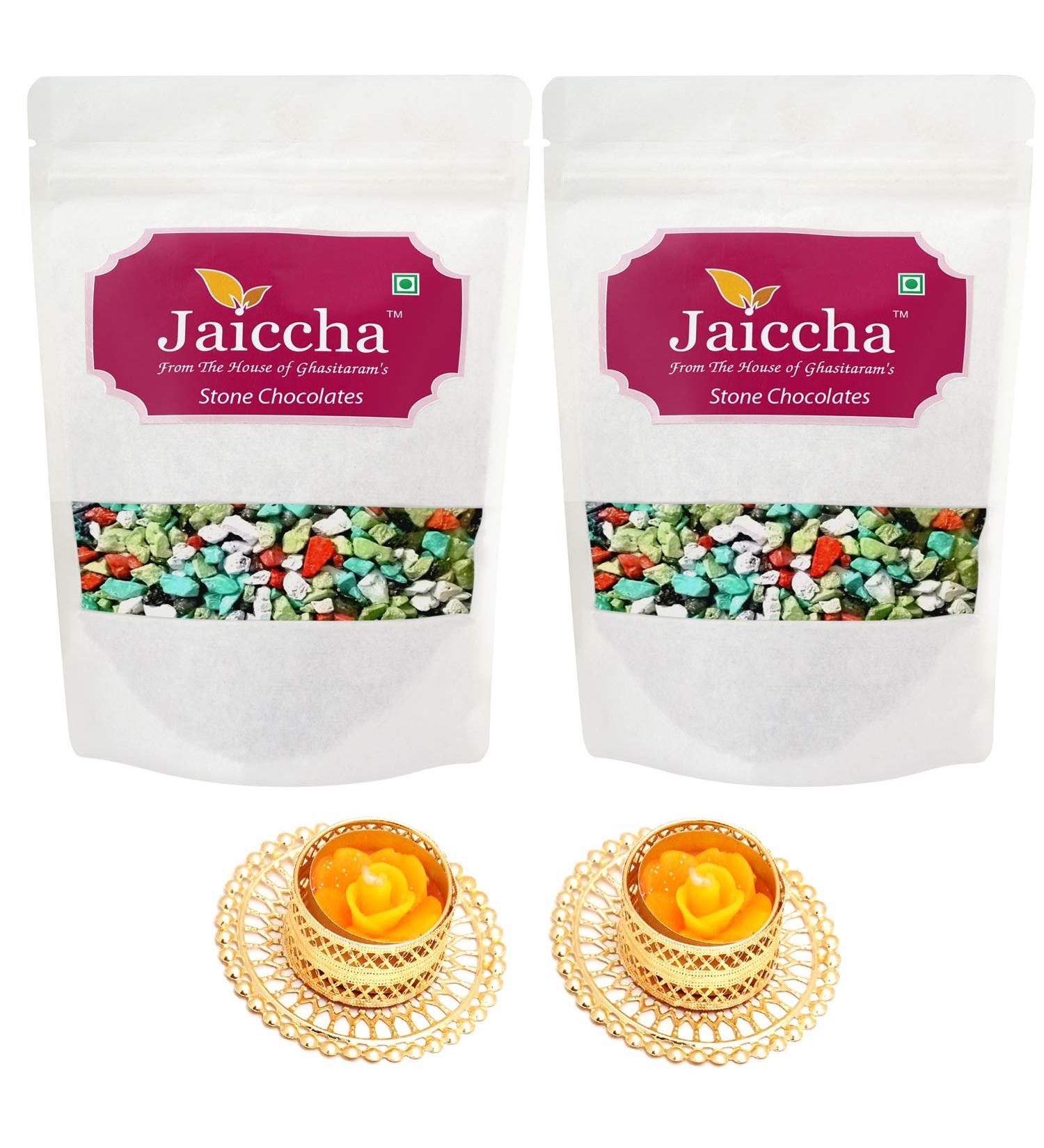 Jaiccha Ghasitaram Diwali Gifts Chocolate - Stone/ Rock Chocolates 400 GMS in White Paper Pouch with 2 T-Lites - Buy Online on SooperMarket.com