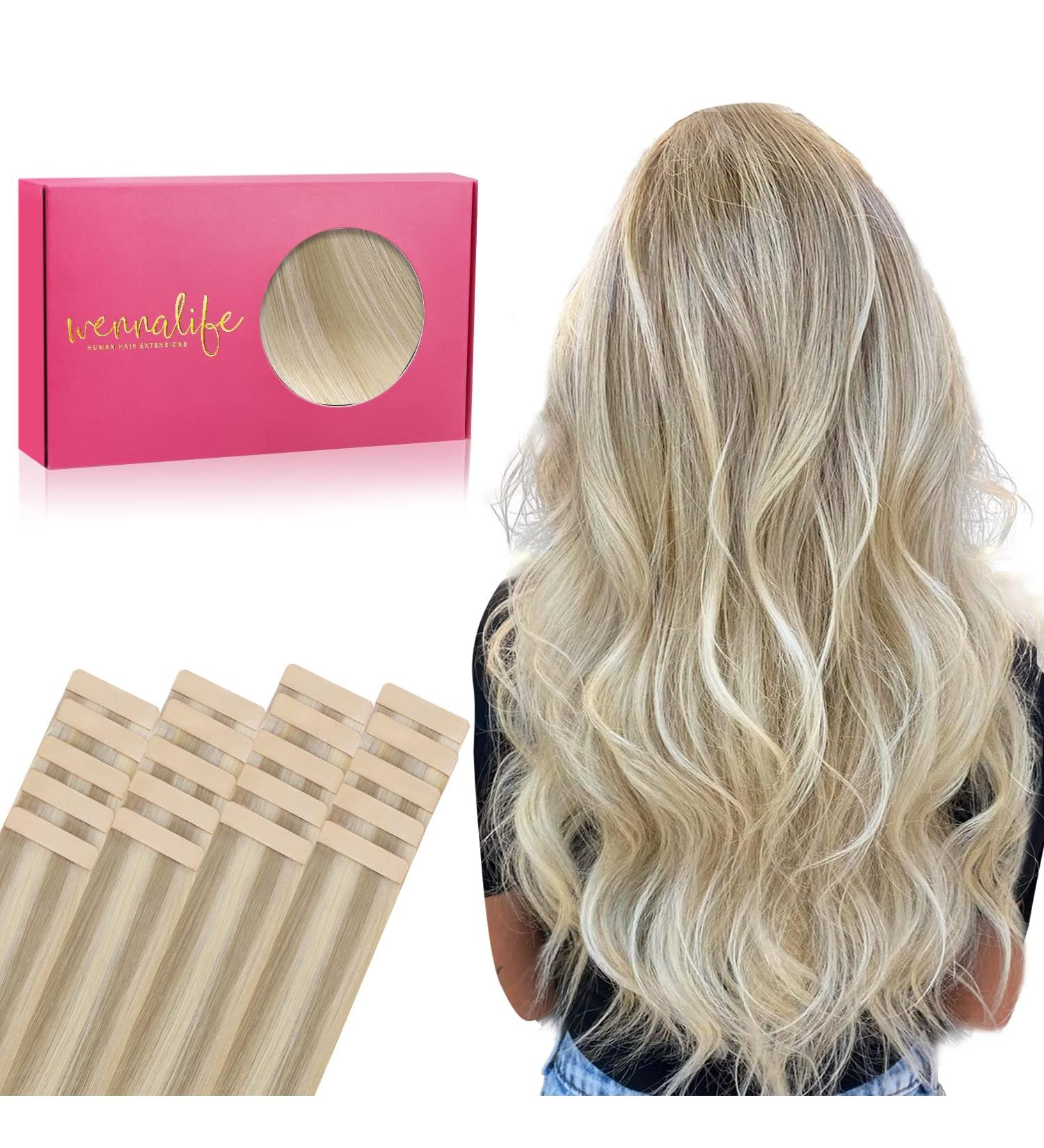 20pcs Real Hair Tape Extensions - 60cm Ash Blonde to Gold Blonde | Silky Straight Remy Invisible Skin Weft - Buy Online on SooperMarket.com