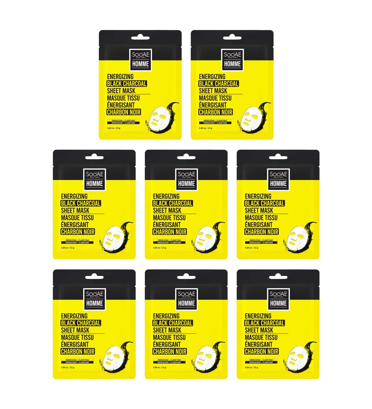 Soo AE Homme Energizing Black Charcoal Sheet Mask - 8 Count | Men's Skincare Pore Tightening & Moisturizing Facial Masks - Buy Online on SooperMarket.com