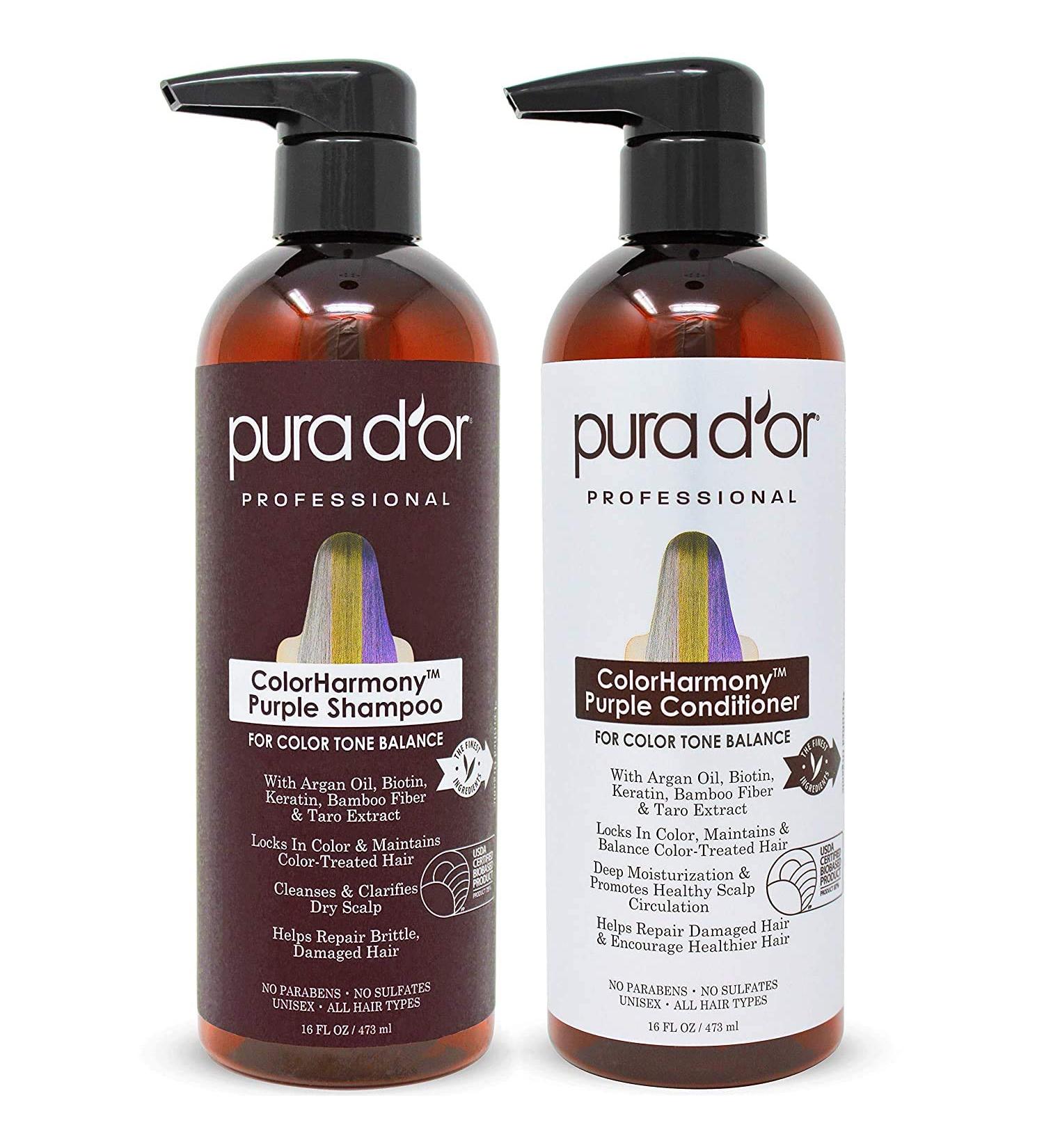 PURA D'OR ColorHarmony Purple Shampoo & Conditioner Set - 16oz x 2, Biotin for Bleached Blonde & Silver Hair, Keratin & Bamboo Fiber, No Sulfates, Natural Ingredients - Men & Women - Buy Online on SooperMarket.com