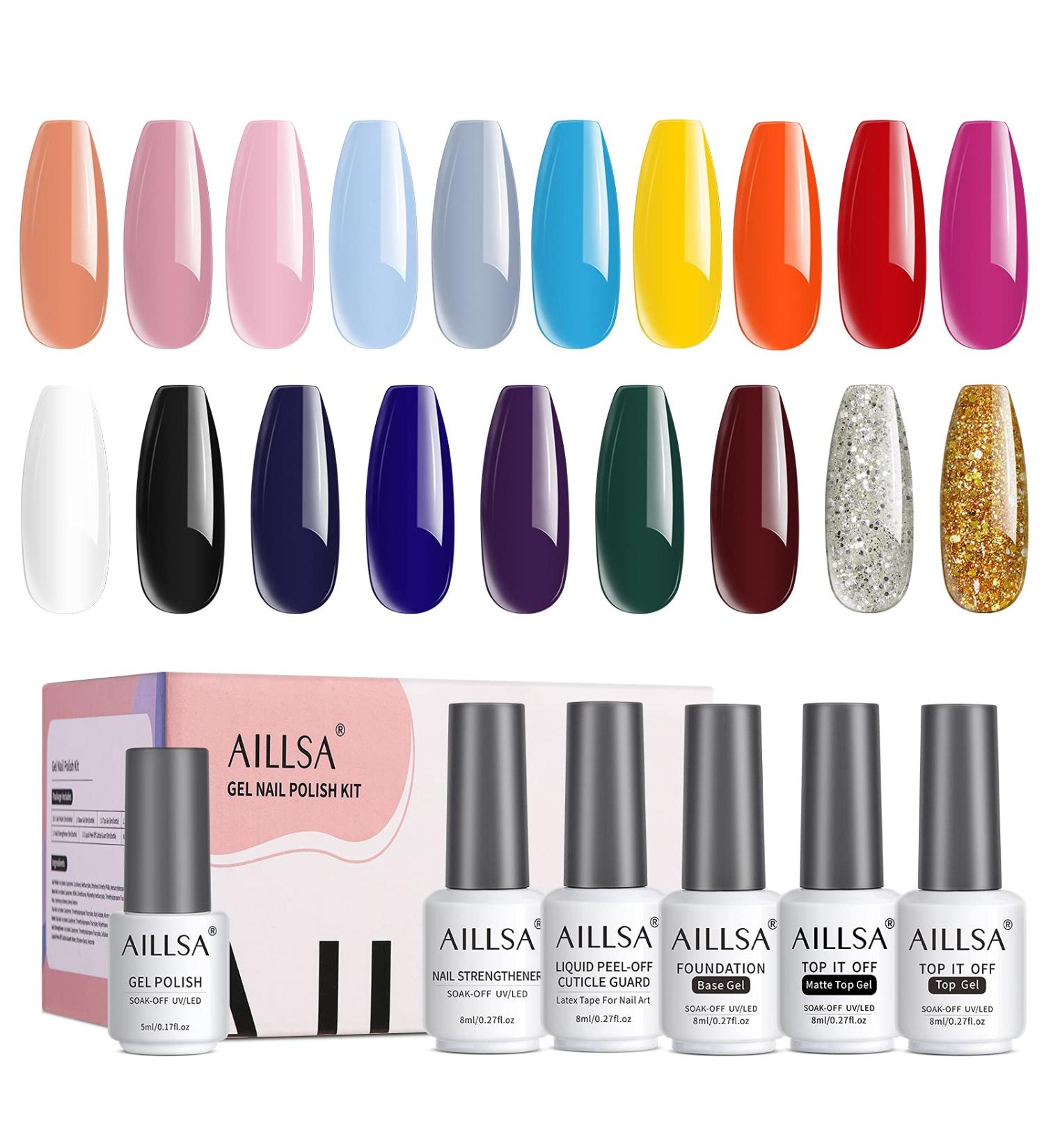 AILLSA Gel Nail Polish Set - 24 Pcs Candy Colors Spring Summer Kit with Glossy/Matte Top Coat, Rainbow Orange Pink Glitter Soak Off UV Gel Polish Set - Perfect Mother's Day Gift - Buy Online on SooperMarket.com