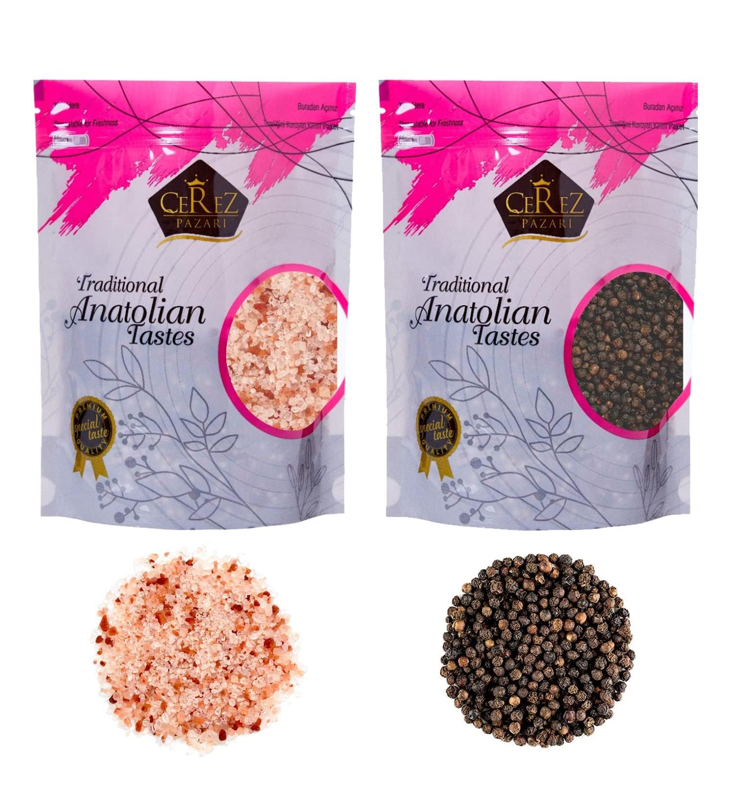 Cerez Pazari Whole Black Peppercorns 250g Himalayan Pink Salt (Coarse Grain) 650g Premium Quality Freshly Packed For Grinder Refill Resealable Bulk Bag Non-GMO and Gluten Free - Buy Online on SooperMarket.com