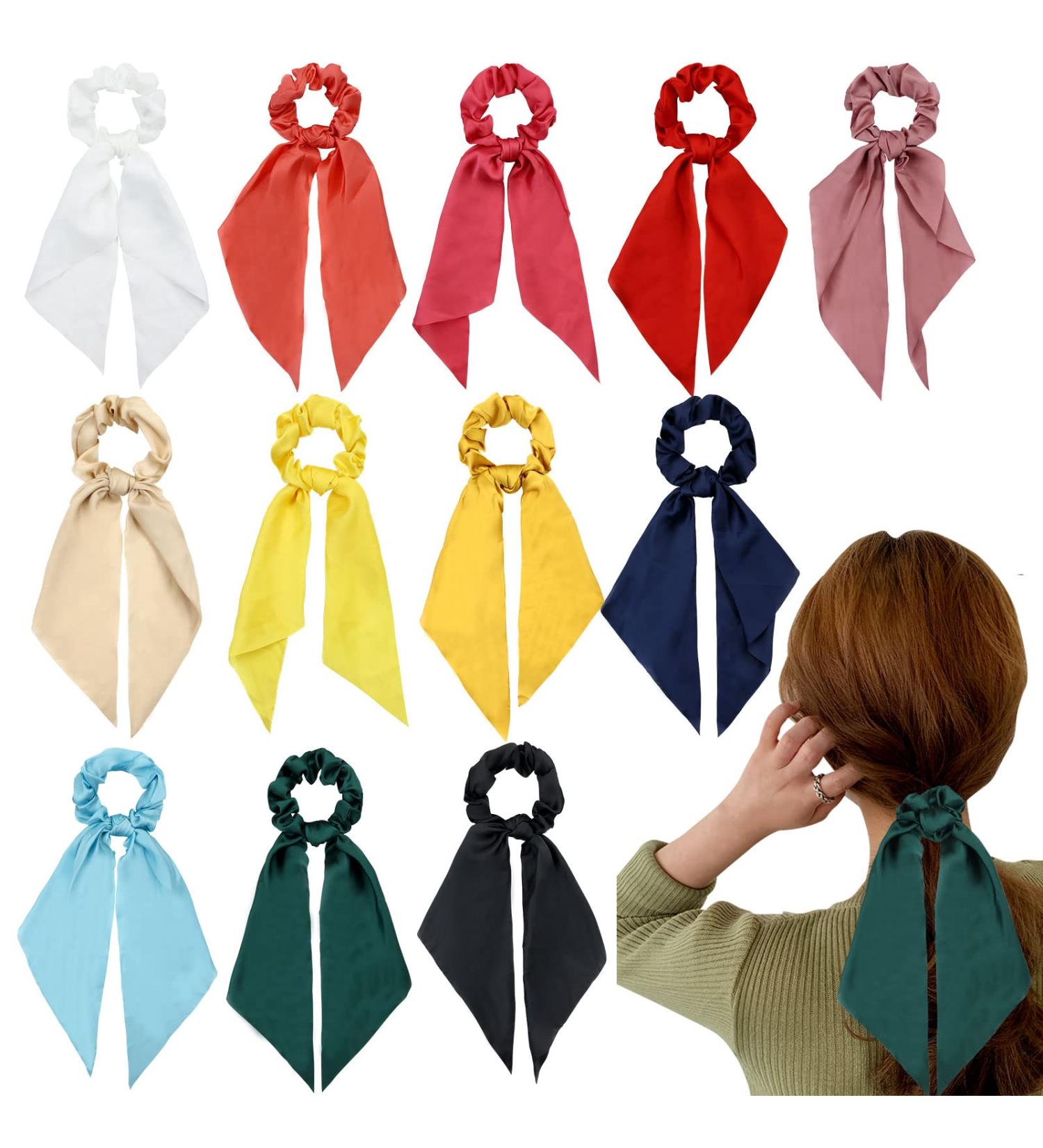 12 Pack Colorful Satin Hair Bows Scrunchies for Girls - Hair Ties Ponytail Holders for Thick Hair - Elastic Hairbands Accessories for Women - Buy Online on SooperMarket.com