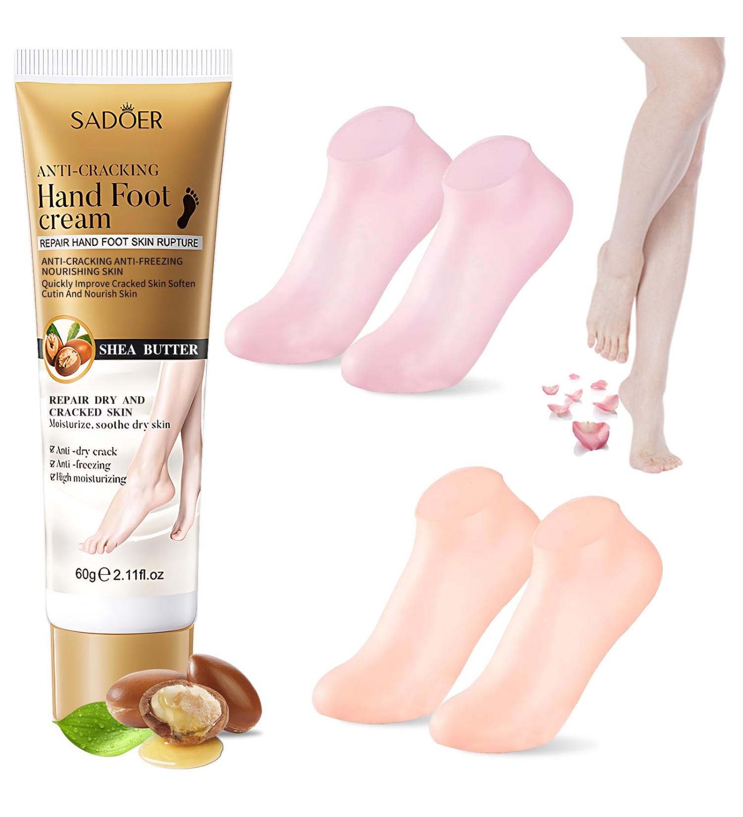 Silicone Socks for Feet - Anti-Slip Moisturizing Foot Mask (4 Pack) + 60g Foot Cream - Soothing Care for Cracked Skin - Skin Color & Pink - Buy Online on SooperMarket.com