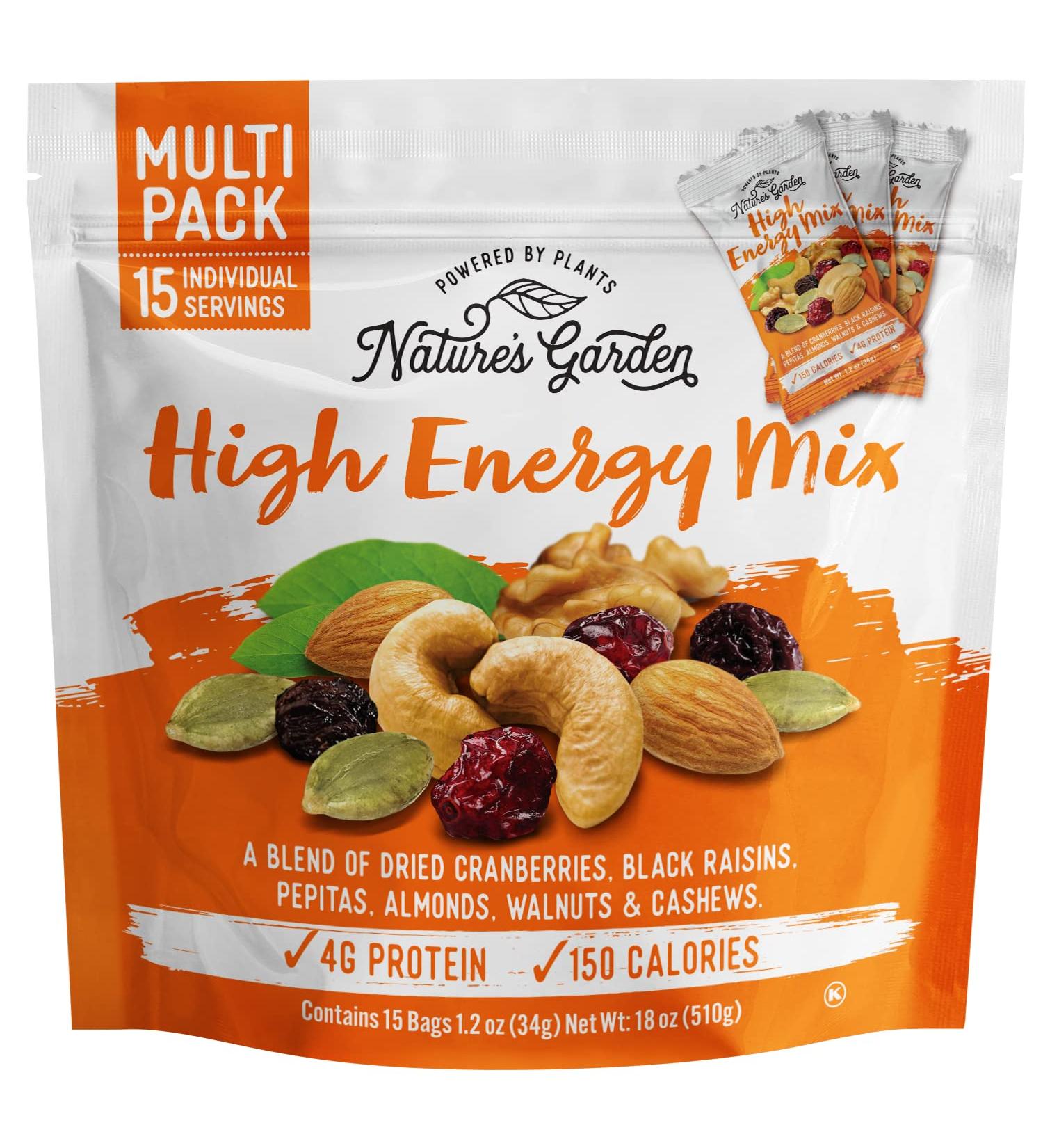 Nature's Garden High Energy Mix, Deluxe Mixed Nuts, Energy Boost, High Energy Trail Mix, Cranberries, Raisins, Almonds, Walnuts, Cholesterol Free, Sodium Free, No Artificial Ingredients  1.2 Oz Bags (15 Individual Servings)