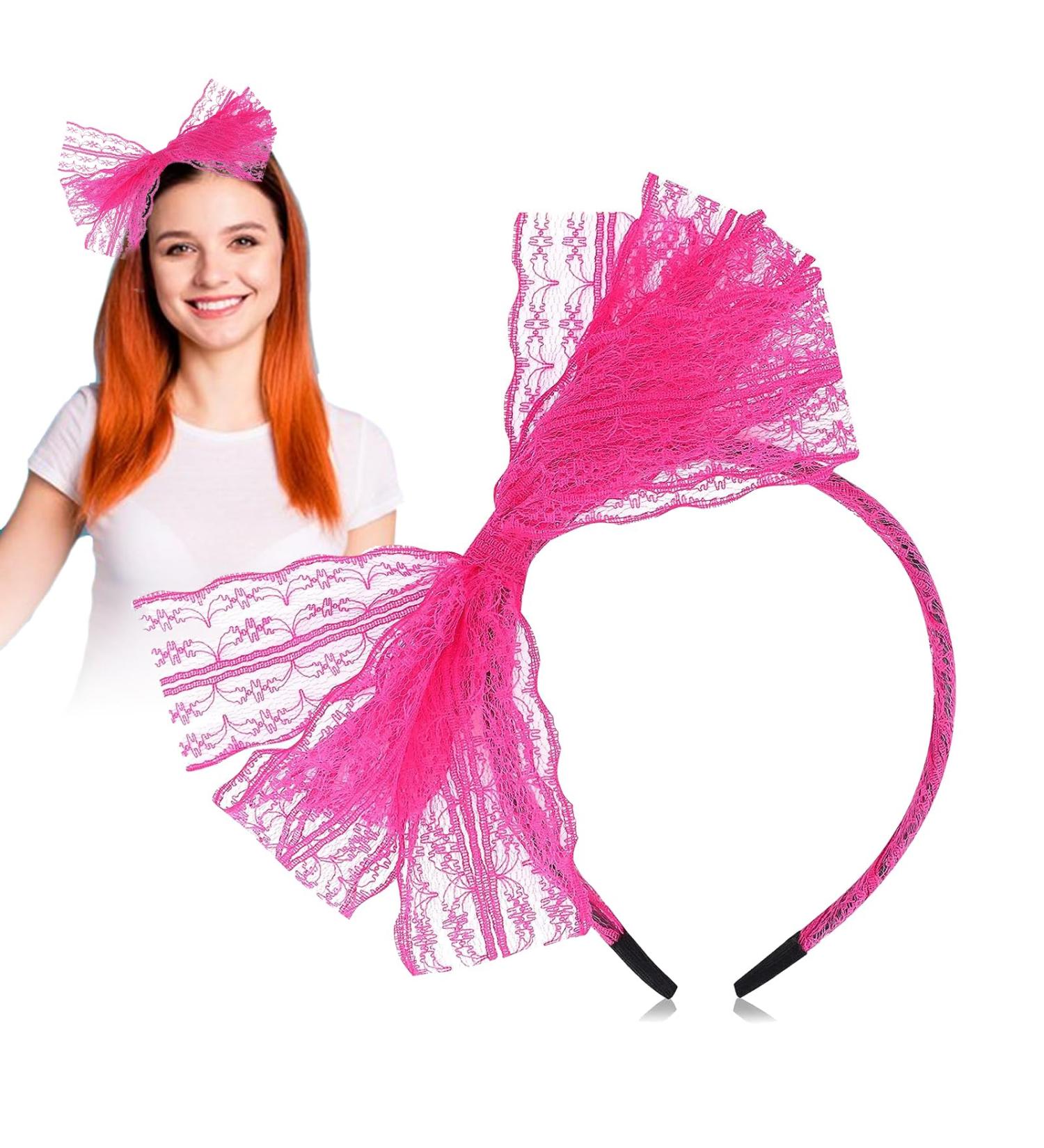 Neon Lace Bow Hairband 1980s Pink Headband Hairband Hair Accessories Lace Headbands Pink Accessories For Women Girls Mardi Gras Christmas Cosplay - Buy Online on SooperMarket.com