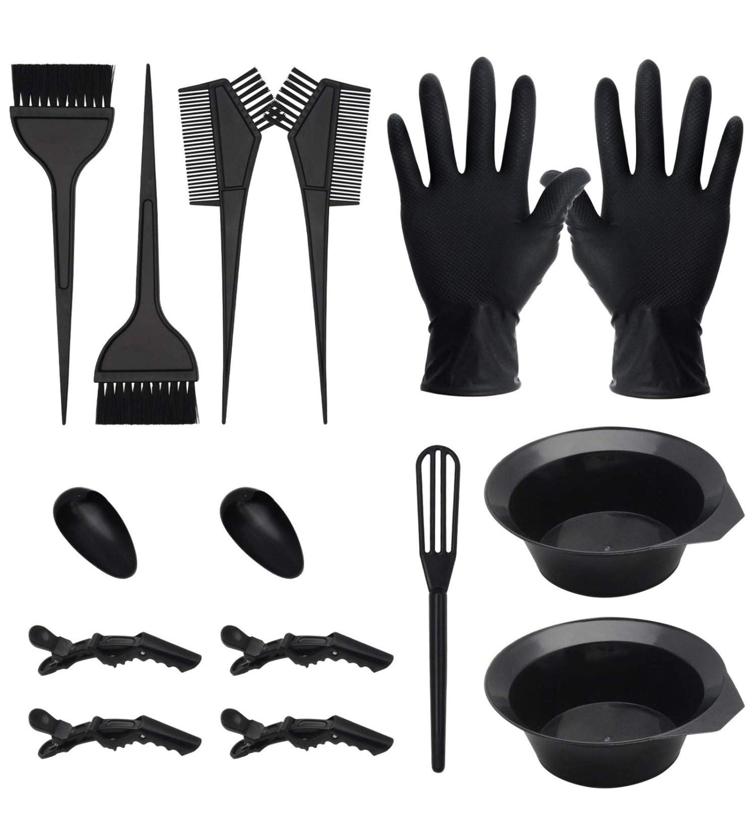 15 Pcs Hair Dye Coloring Kit - DIY Salon Tools for Bleaching and Tinting - Includes Bowl, Brush, Spoon, Ear Cover, Gloves, and Comb - Black - Buy Online on SooperMarket.com