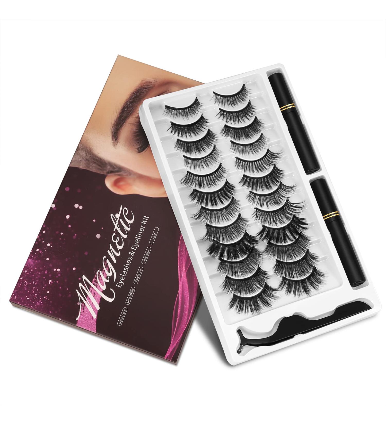 Magnetic Eyelashes and Eyeliner Kit - 12 Pairs Reusable Magnetic Lashes with Tweezers - 3D Natural Look False Eyelashes - Easy to Wear, No Glue Needed - Buy Online on SooperMarket.com