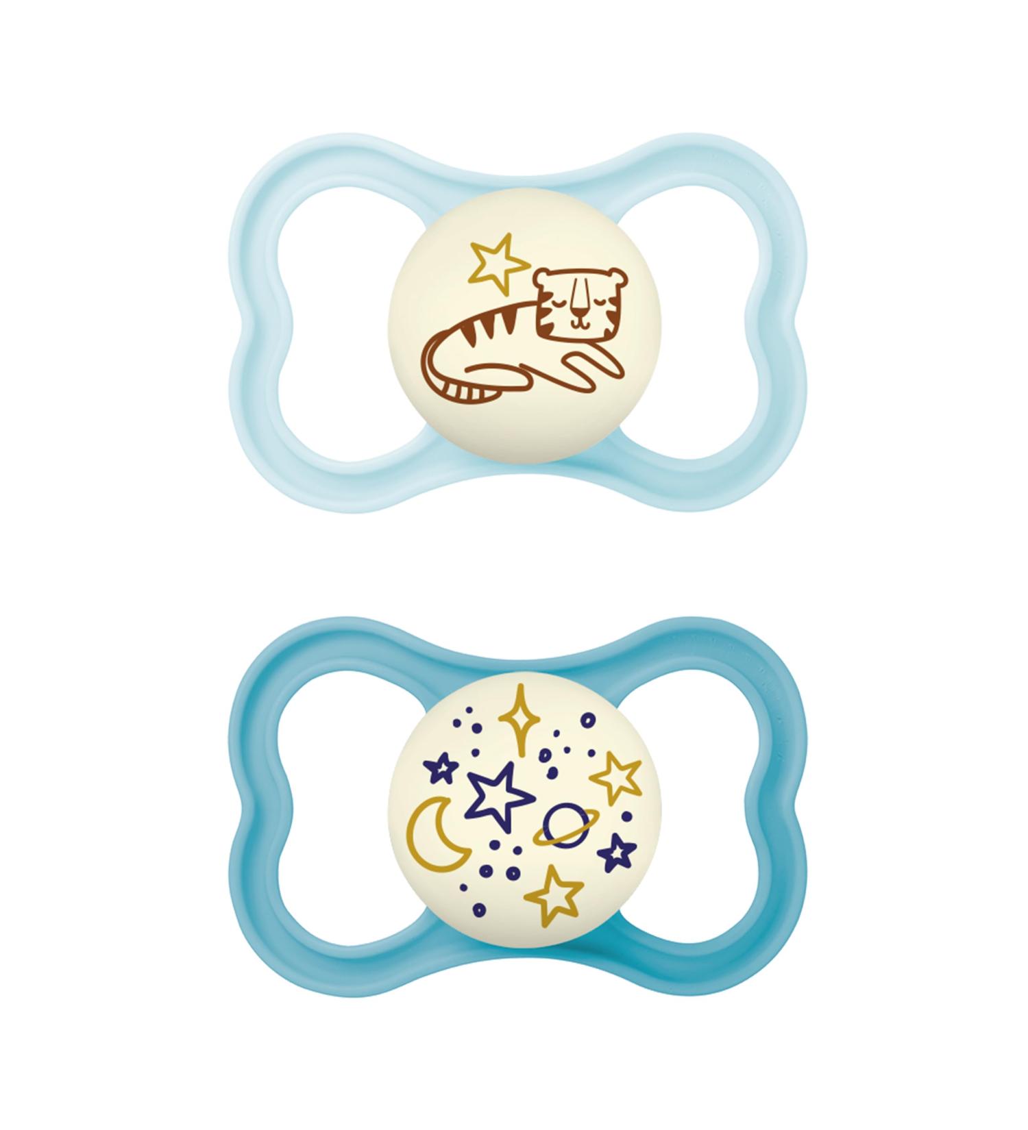 Mam Supreme Night Pacifiers 2 Set | Bright Baby Soothers for Dental Health | Skin-Friendly | Includes Pacifier Box | 16+ Months | Tiger/Universe Design - Buy Online on SooperMarket.com