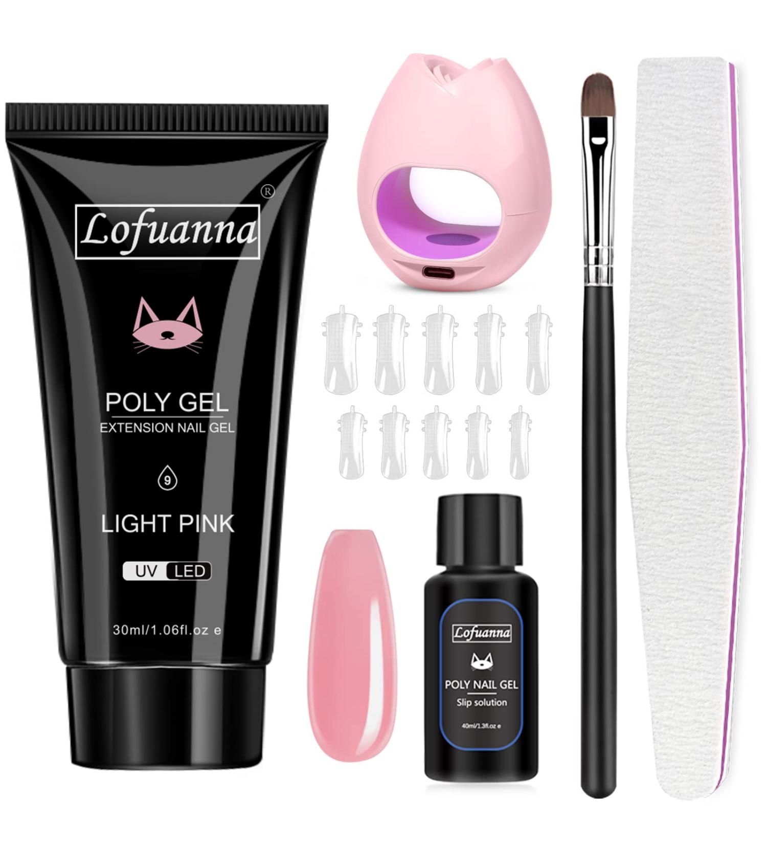 Lofuanna Poly Gel Nail Kit - Light Pink Poly Extension Gel Starter Kit with Lamp, Brush & Slip Solution - Nail Strengthening DIY Set for Beginners - Buy Online on SooperMarket.com
