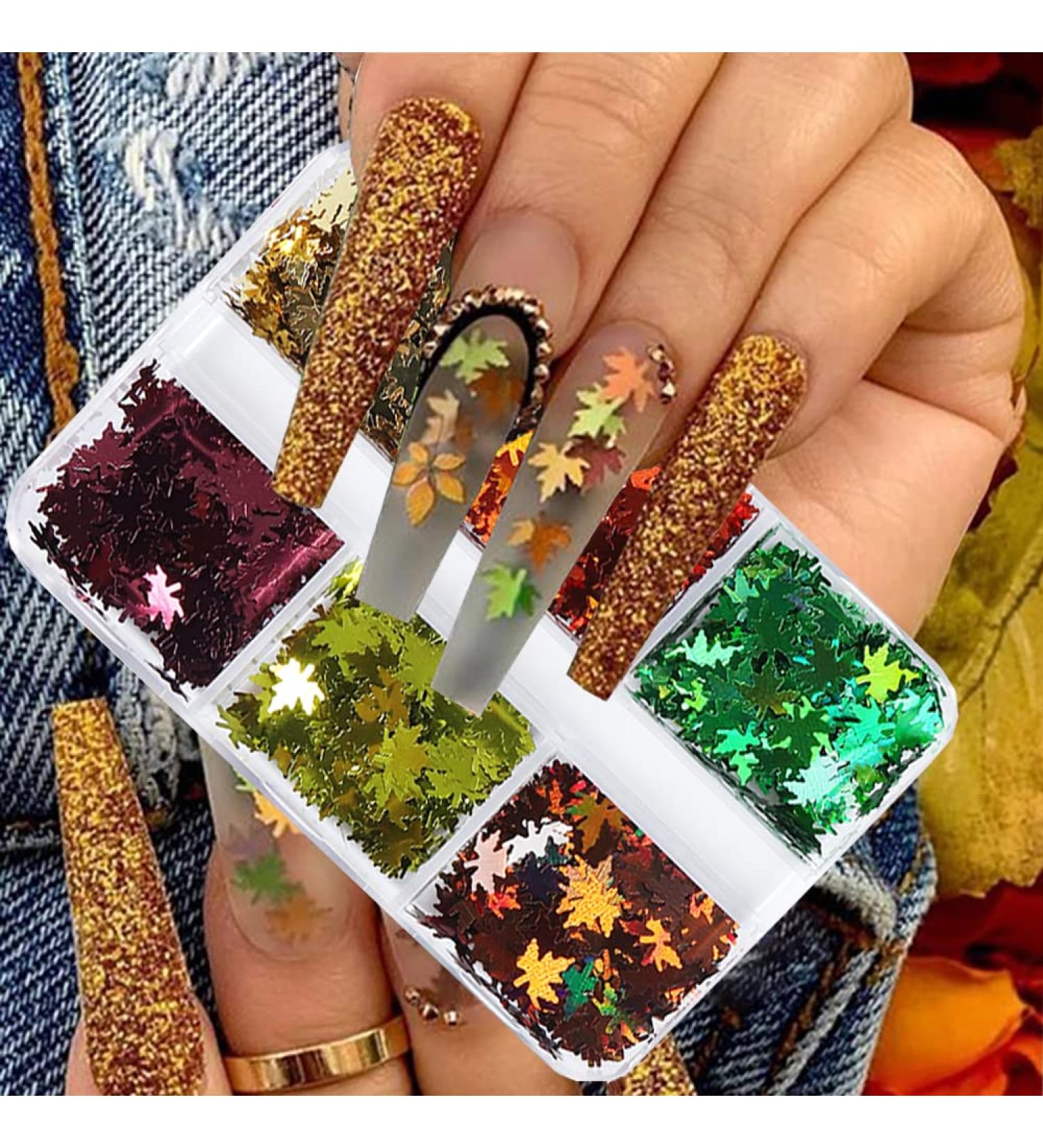 Fall Glitter Nail Sequins - Holographic Maple Leaf Nail Art Decorations | 6 Grids for Autumn & Winter Designs - Buy Online on SooperMarket.com