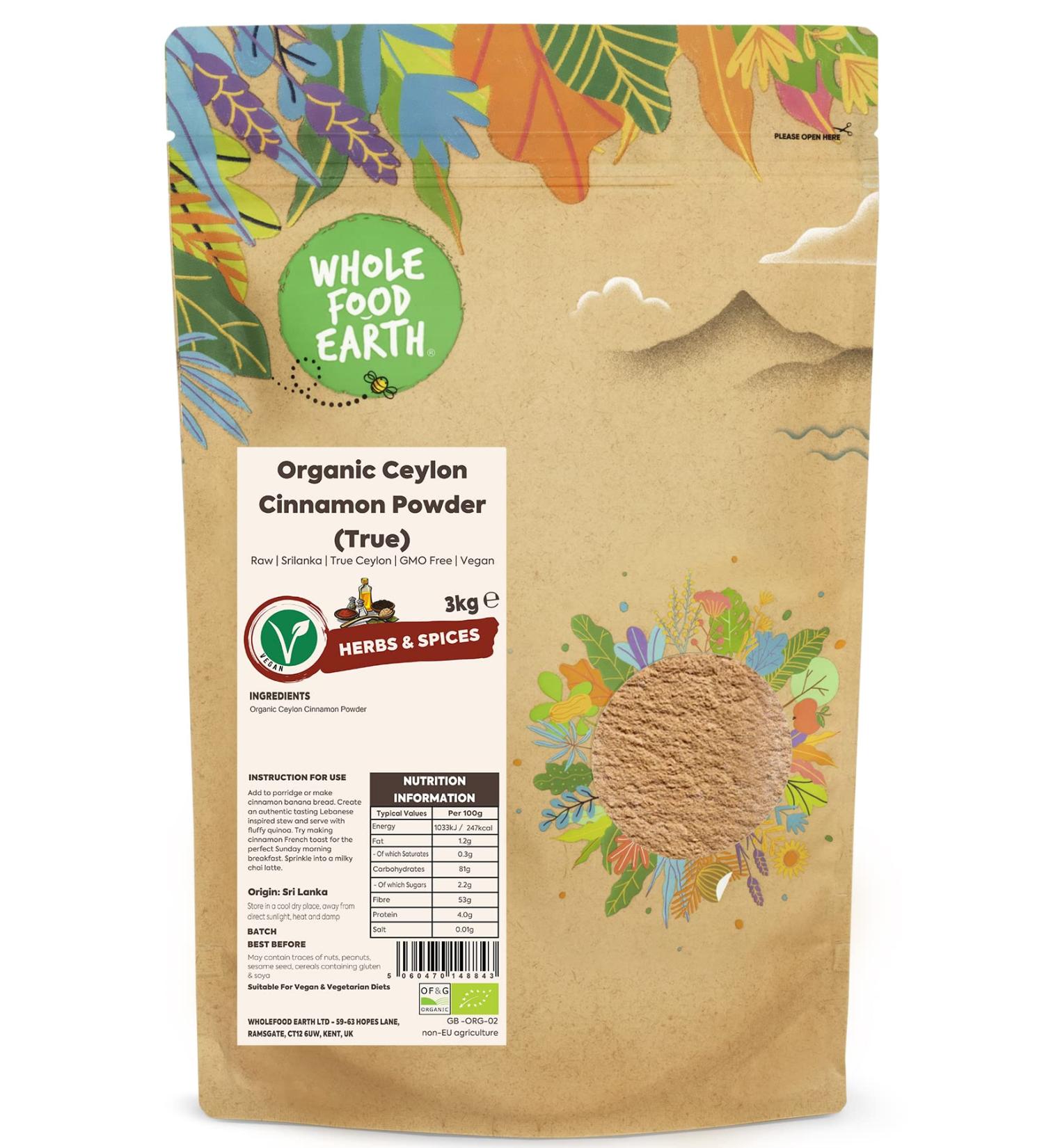 Wholefood Earth Organic Ceylon Cinnamon Powder (True) 3kg - Raw, Srilanka | GMO Free, Vegan & Certified Organic - Buy Online on SooperMarket.com