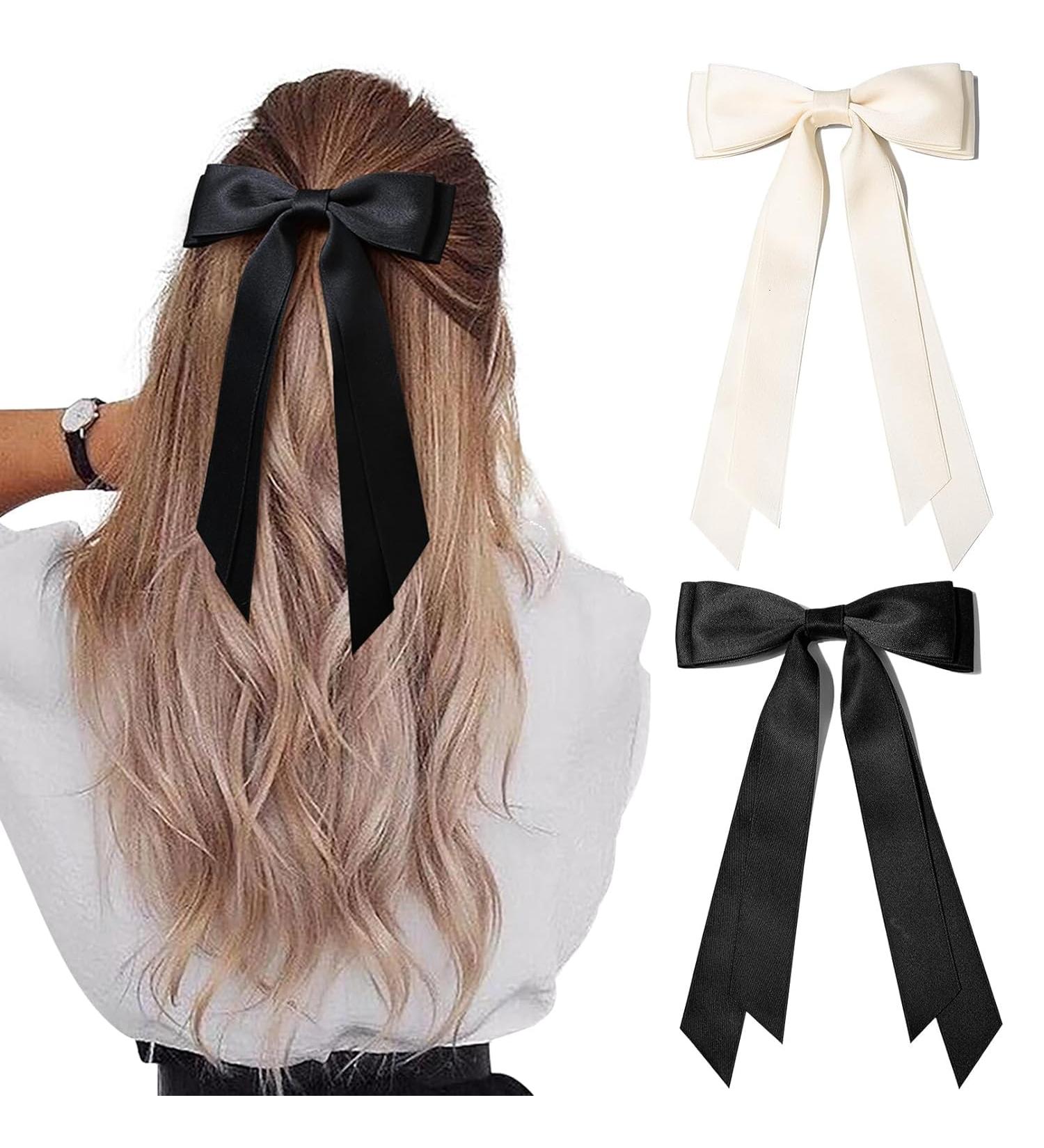 2PCS Silky Satin Hair Bows Hair Clip Black Hair Ribbon Ponytail Holder Accessories Slides Metal Clips Hair Bow for Women Girls Toddlers Teens Kids (Beige+Black) - Buy Online on SooperMarket.com