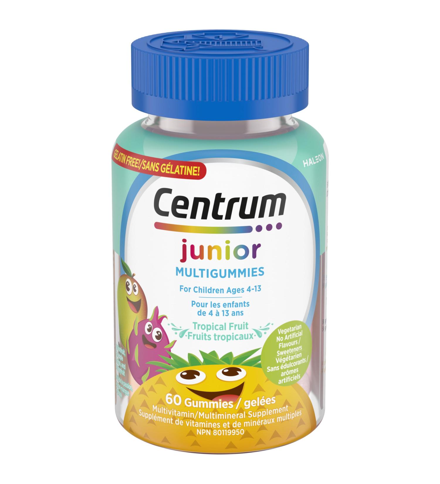 Centrum Junior MultiGummies Tropical Fruit Multivitamin and Multimineral Supplement Pineapple-Mango Dragonfruit and Passionfruit Flavours 60 count - Buy Online on SooperMarket.com