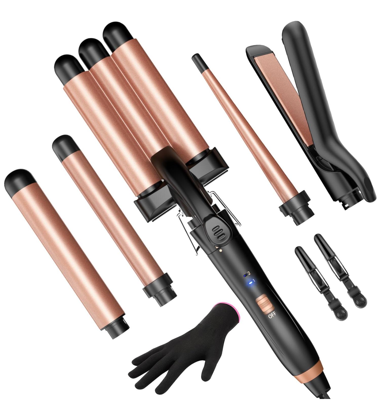 5 in 1 Wand Curling Iron Set - Kinked Curls Flat Iron & 3 Ceramic Barrels - Fast Heat Rose Gold Hair Waver Curler - Buy Online on SooperMarket.com