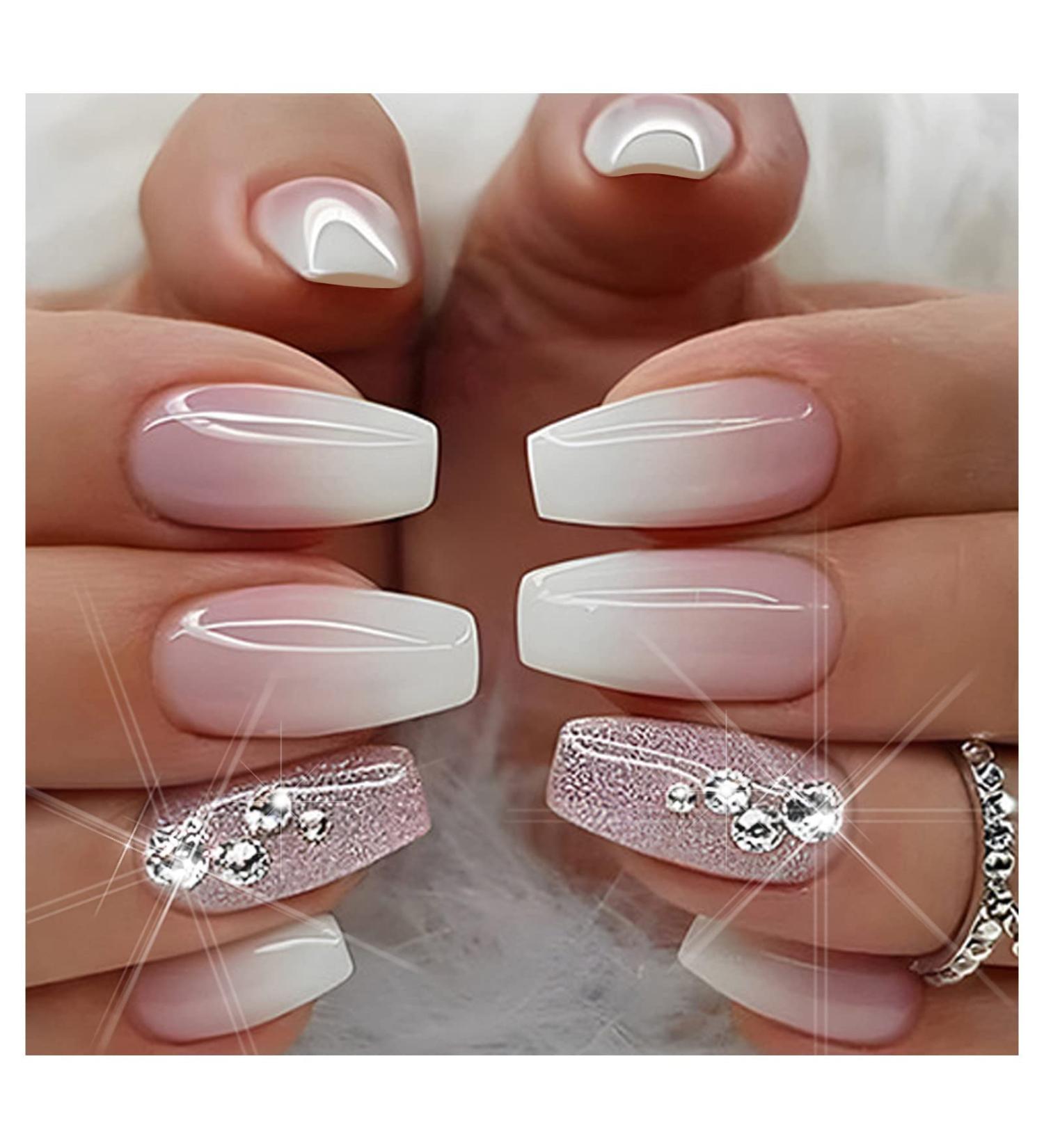 Pink Gradient Rhinestone Press on Nails - 24 Pcs Medium Coffin Shape | Glitter Powder & Rhinestone Designs | False Nails for Women and Girls - Buy Online on SooperMarket.com