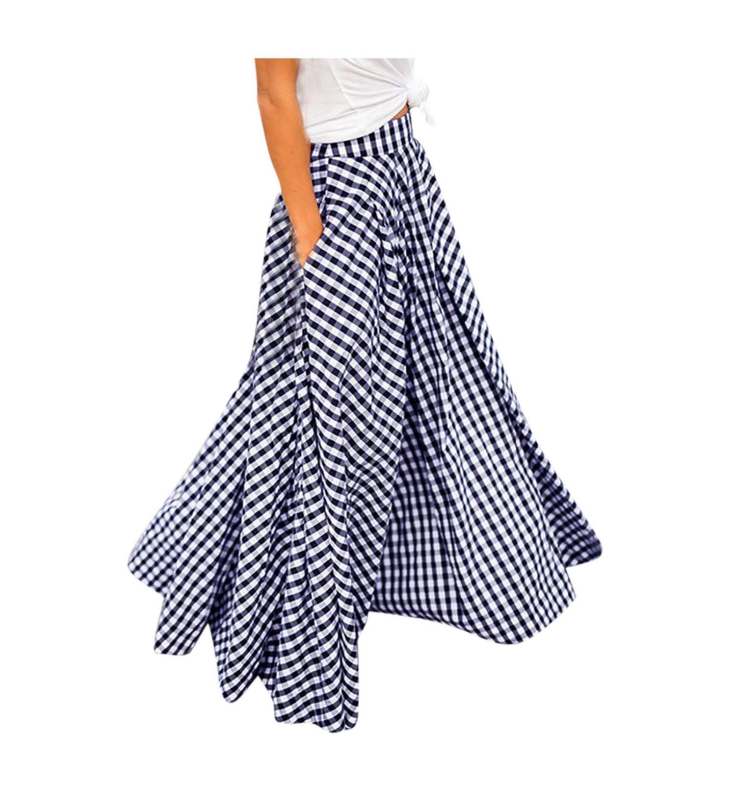 Sanahy Women's Vintage Plaid Maxi Skirt with Pockets - Blue - Buy Online on SooperMarket.com
